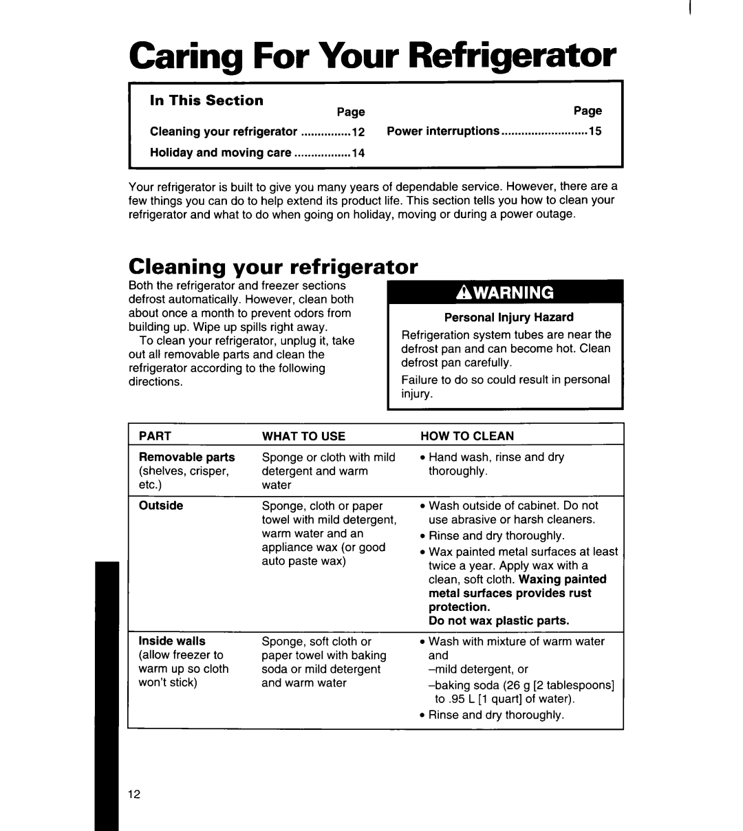 Whirlpool 3ET14GK, 8ET14GK manual Caring For Your Refrigerator, Cleaning your refrigerator, In This Section 