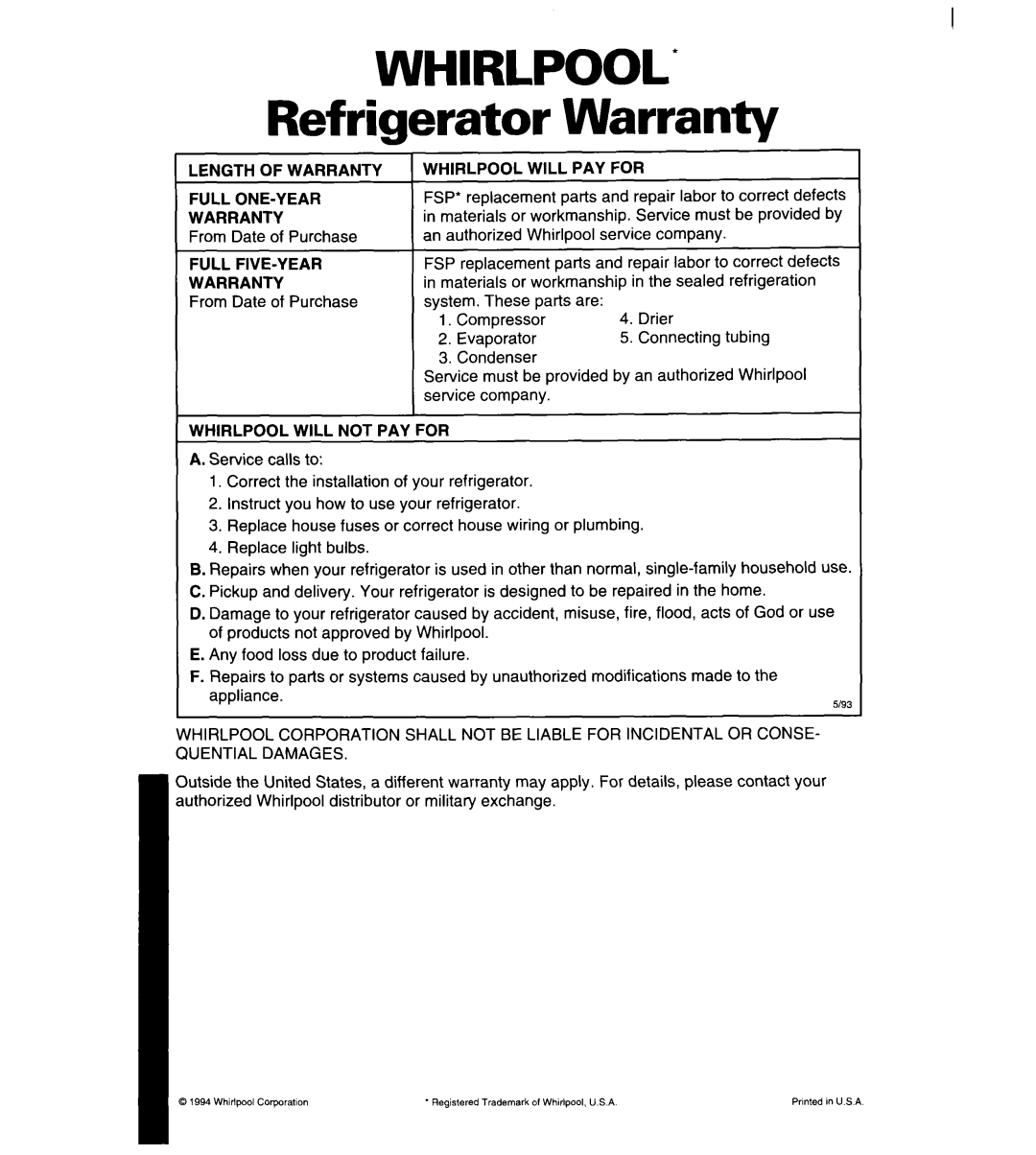Whirlpool 8ET14GK, 3ET14GK manual WHIRLPOOL Refrigerator Warranty 