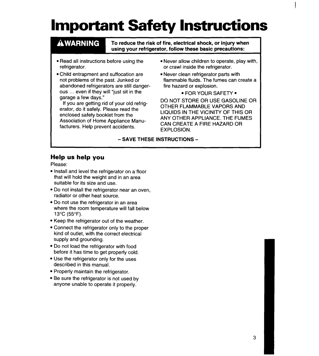 Whirlpool 8ET14GK, 3ET14GK manual Important Safety Instructions, Help us help you 