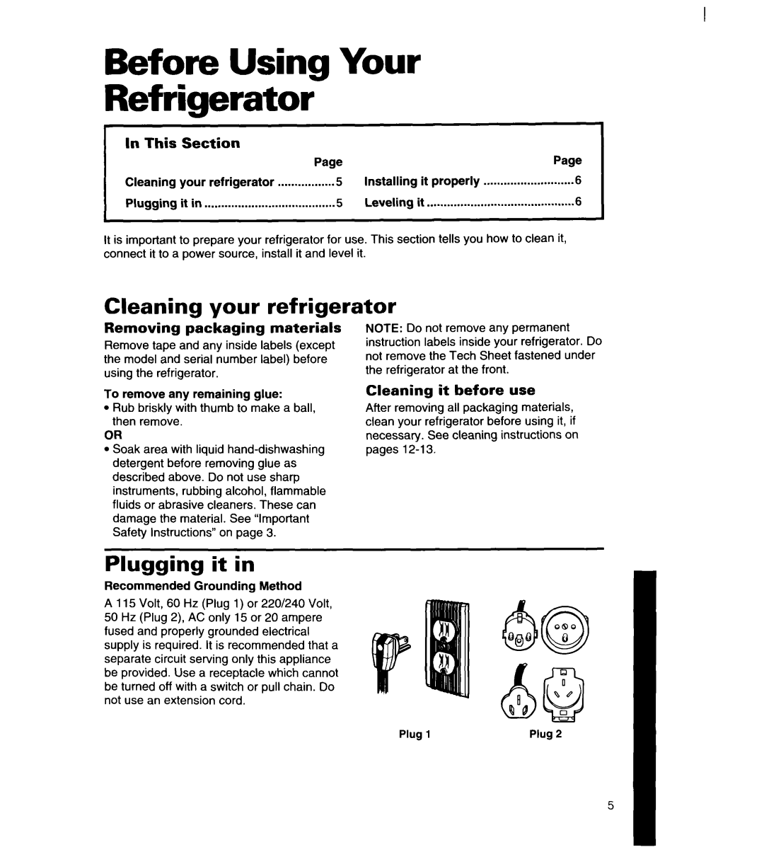 Whirlpool 8ET14GK, 3ET14GK Before Using Your Refrigerator, Cleaning your refrigerator, Plugging it in, In This Section 