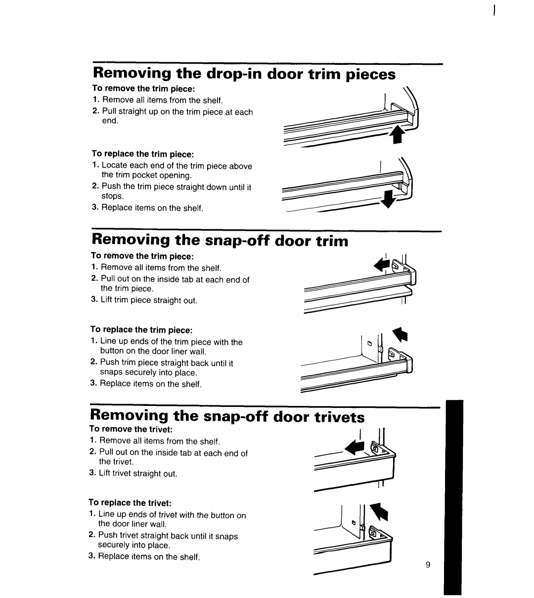 Whirlpool 8ET17NK, 3ET16NK manual Removing the drop-in door trim pieces, Removing the snap-off door trim 