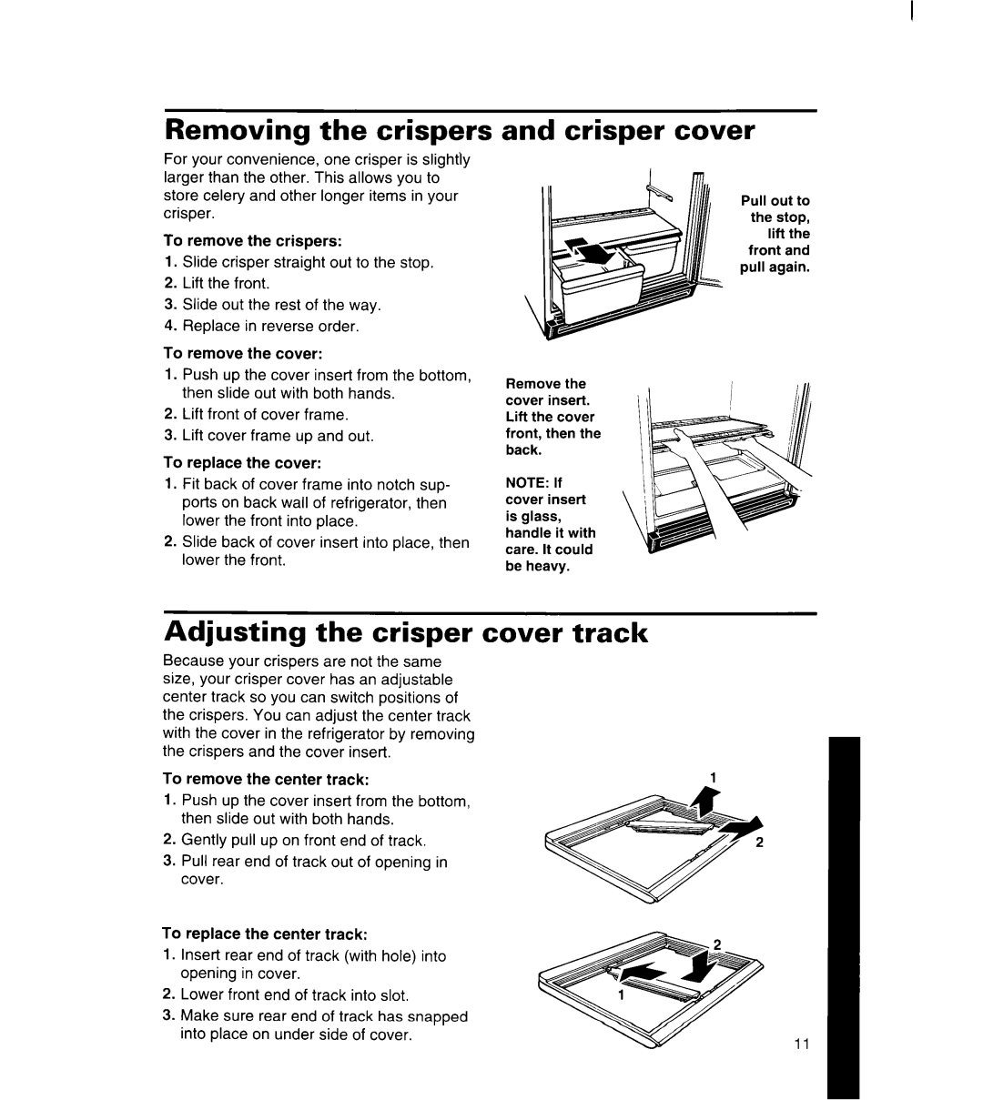 Whirlpool 8ET17NK, 3ET16NK manual Removing the crispers, Crisper cover, Adjusting the crisper cover track 