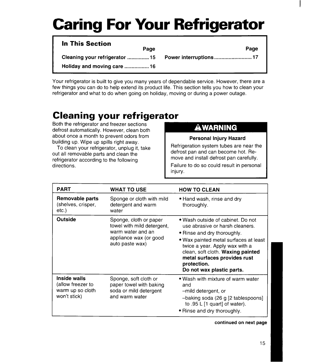 Whirlpool 8ET17NK, 3ET16NK manual Caring For Your Refrigerator, Part What to USE, HOW to Clean 