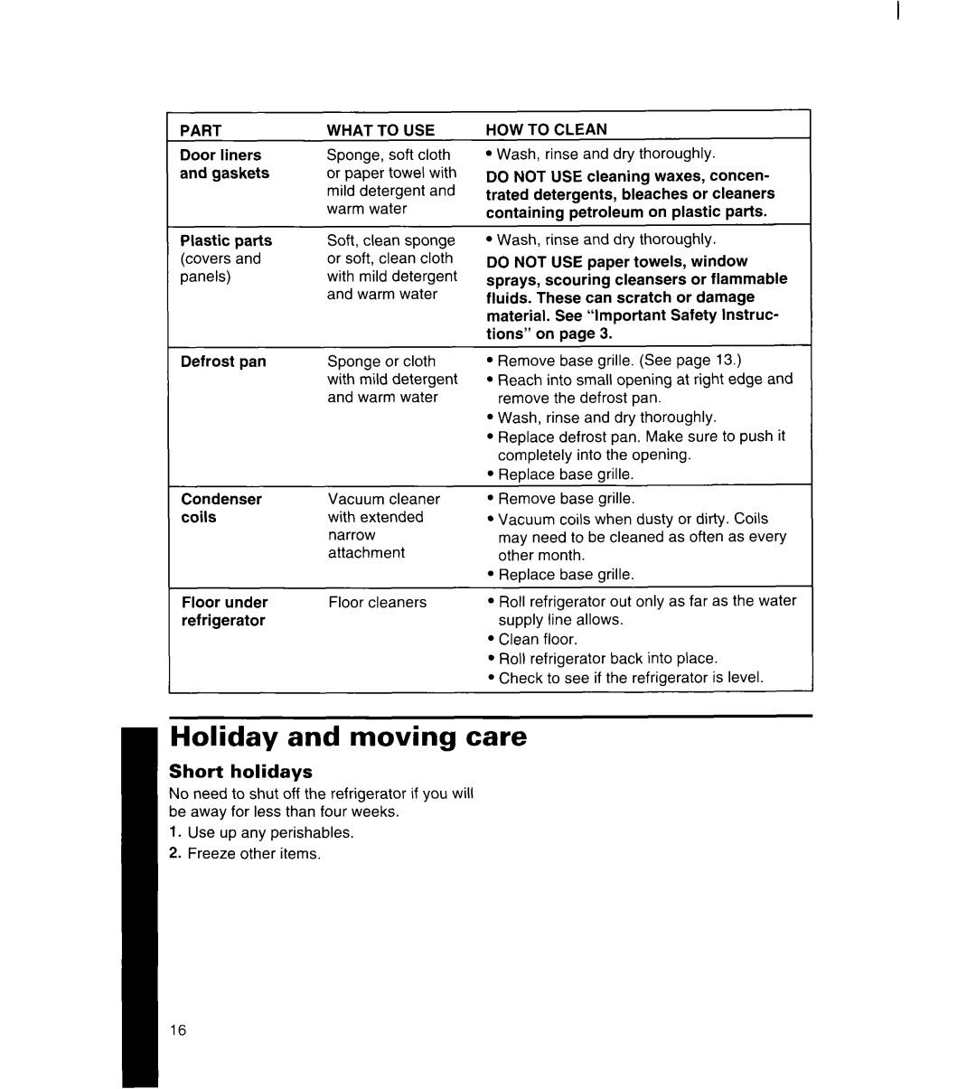 Whirlpool 3ET16NK, 8ET17NK manual Holiday and moving care, Short holidays, Part What to USE HOW to Clean, Do not 