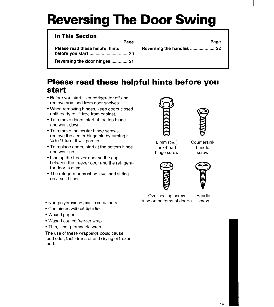 Whirlpool 3ET16NK, 8ET17NK manual Reversing The Door Swing, Please read these helpful start, Hints before you 