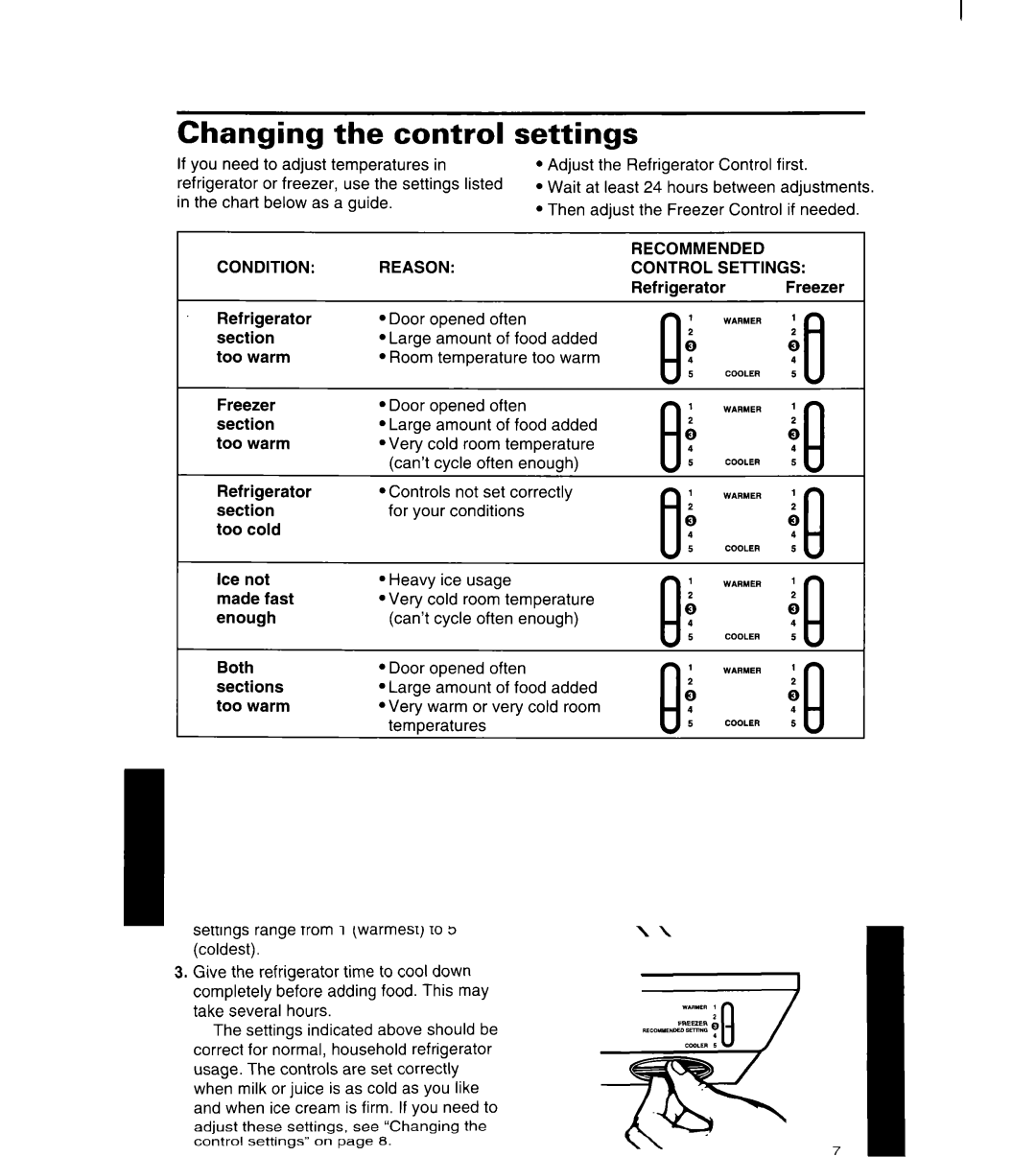 Whirlpool 3ET16NK, 8ET17NK manual Changing the control, Settings, Recommended, Condition Reason Control 