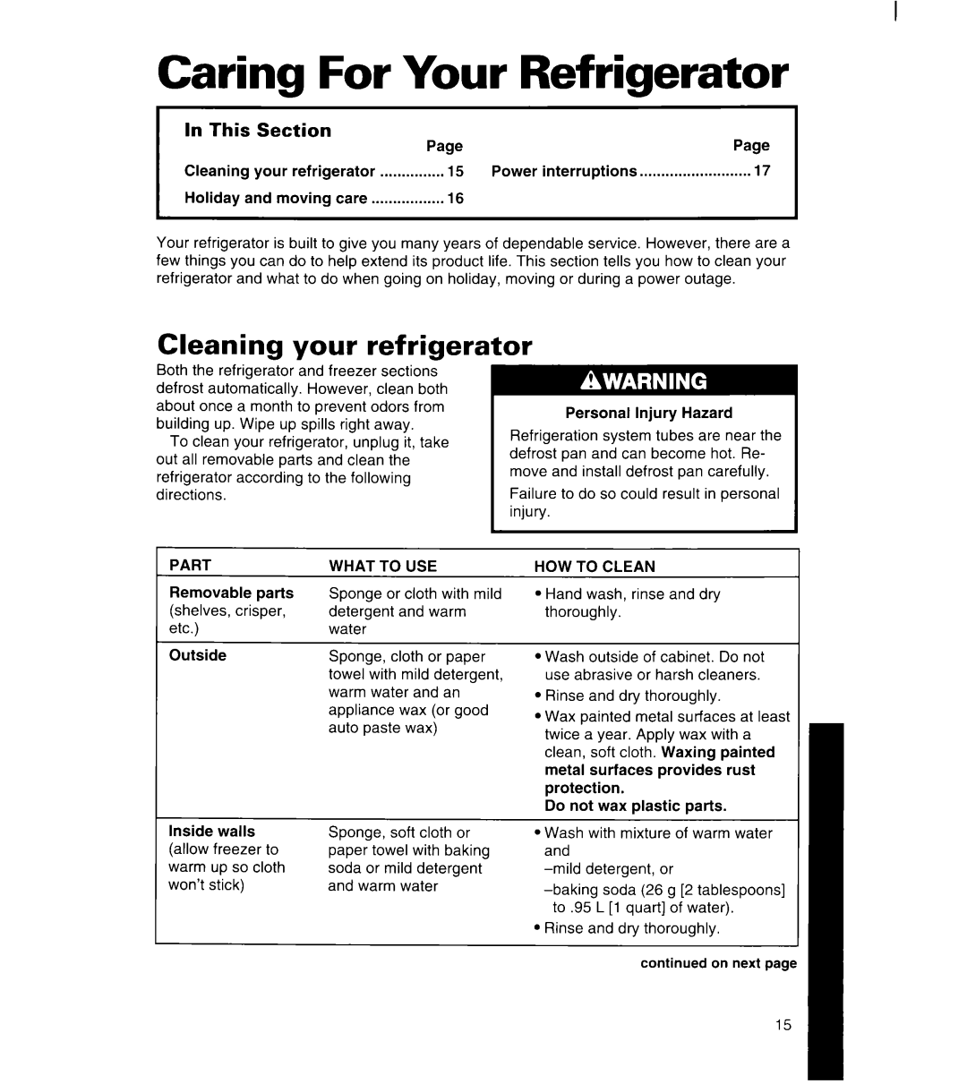 Whirlpool 8ET17NK, 3ET16NK manual Caring For Your Refrigerator, Cleaning your refrigerator, In This Section 