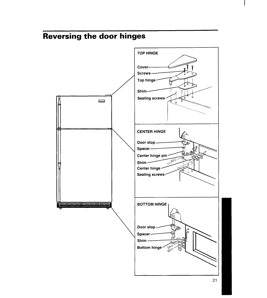 Whirlpool 8ET17NK, 3ET16NK manual Reversing the door hinges, Top Hinge, Zenter Hinge Bottom Hinge 