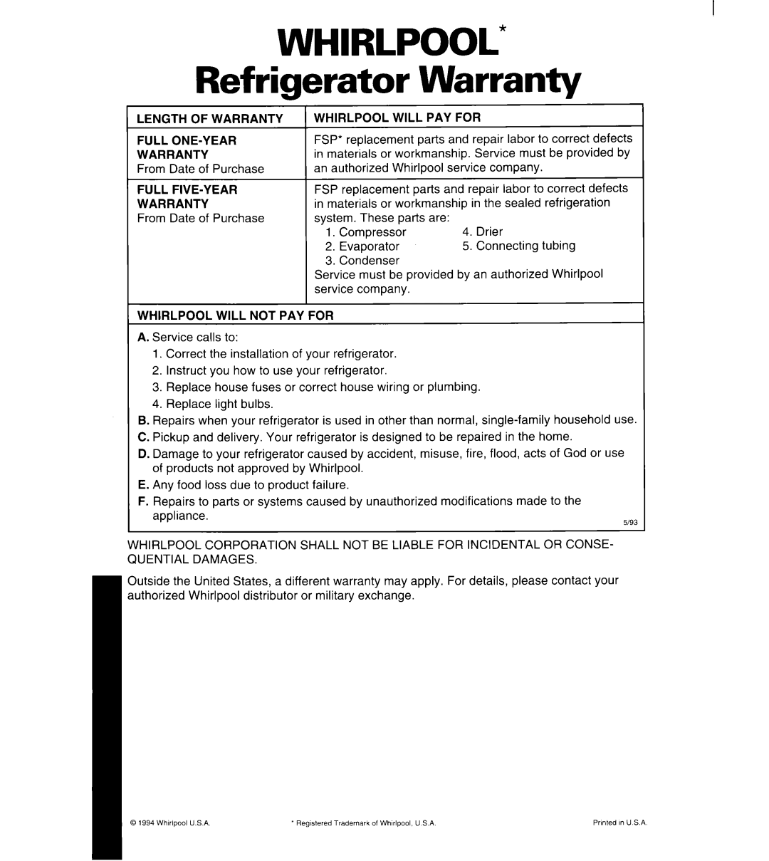 Whirlpool 3ET16NK, 8ET17NK manual WHIRLPOOL Refrigerator Warranty 