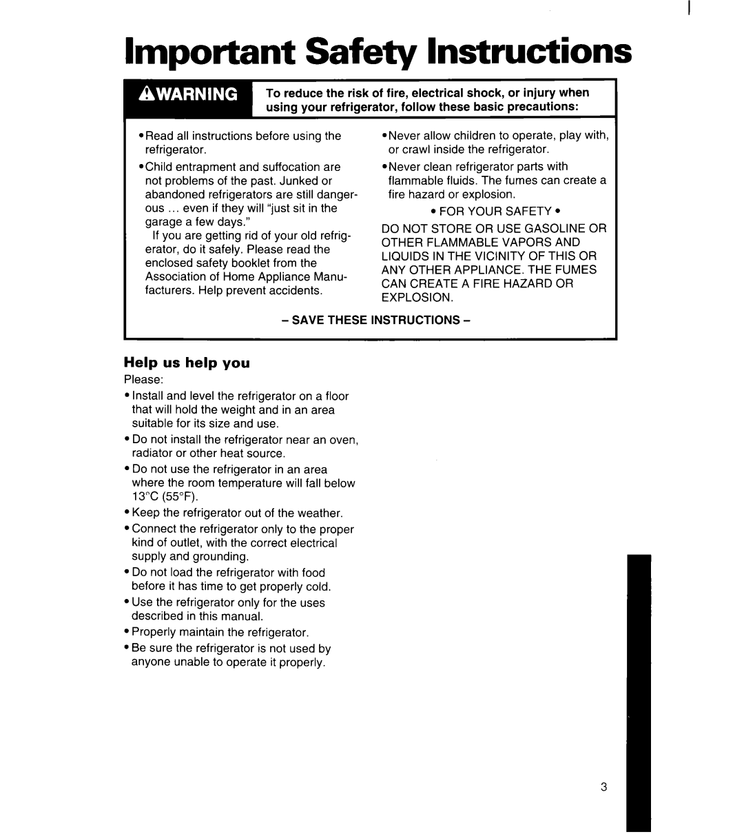 Whirlpool 8ET17NK, 3ET16NK manual Important Safety Instructions, Help us help you 