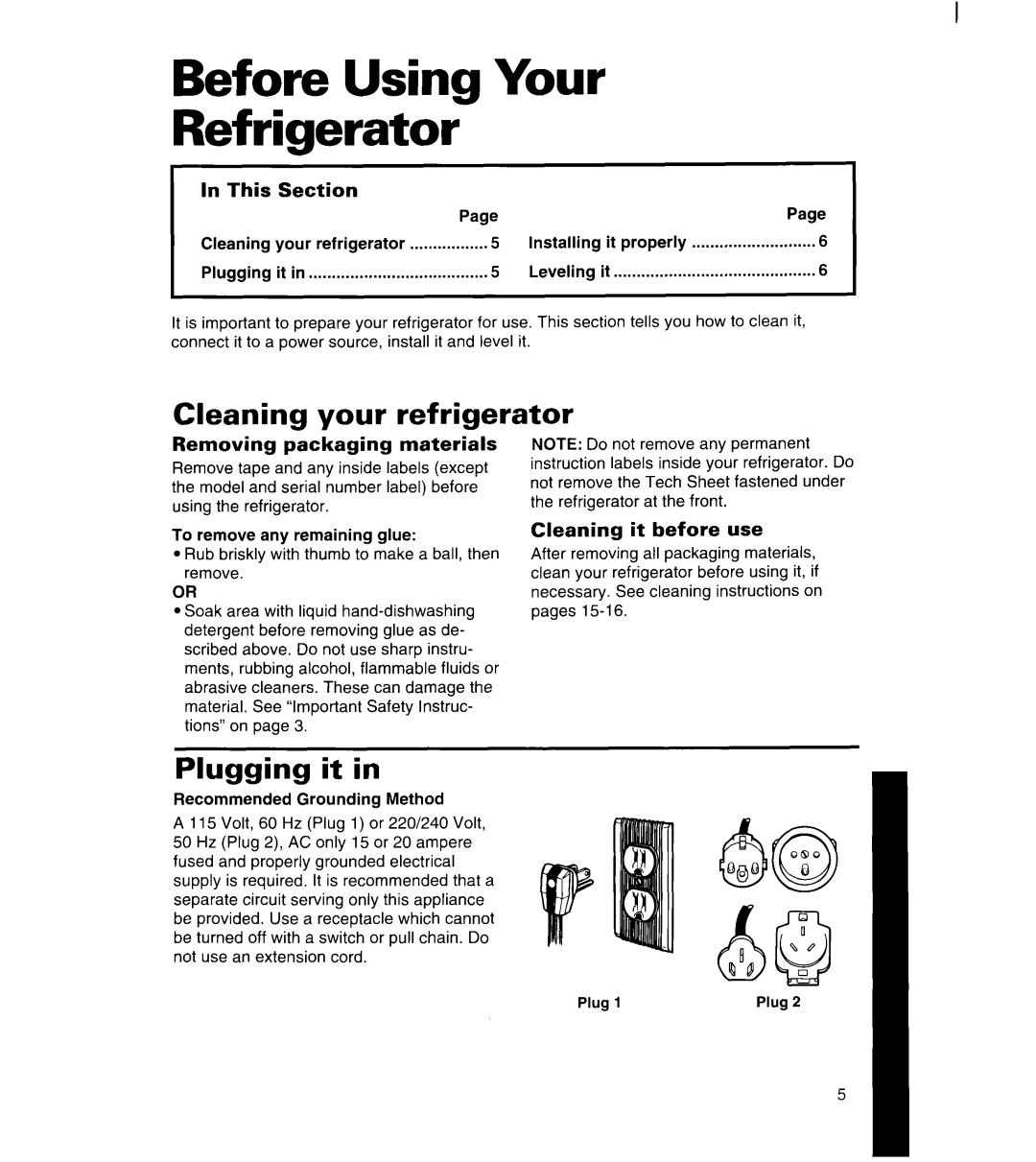 Whirlpool 8ET17NK, 3ET16NK Before Using Your Refrigerator, Cleaning your refrigerator, Plugging it in, In This, Section 