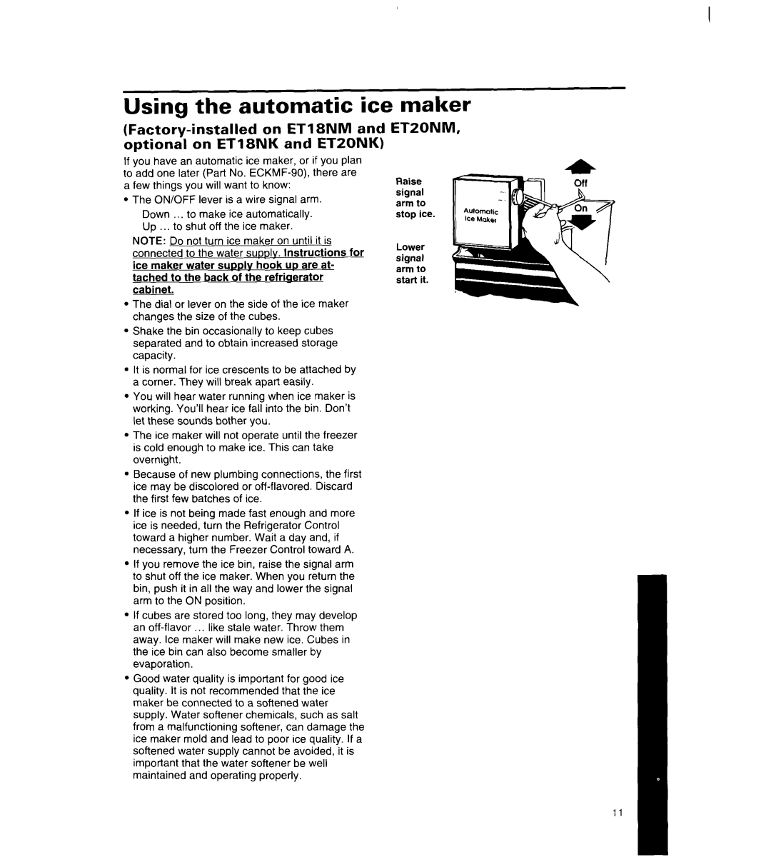 Whirlpool 8ET18NK, 8ET20NK manual Using the automatic ice, Maker, Factory-installed On ET1 8NM Optional On Etisnk 