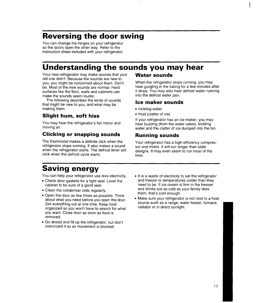 Whirlpool 8ET18NK, 8ET20NK manual Reversing the door swing, Understanding the sounds you may hear, Saving energy 