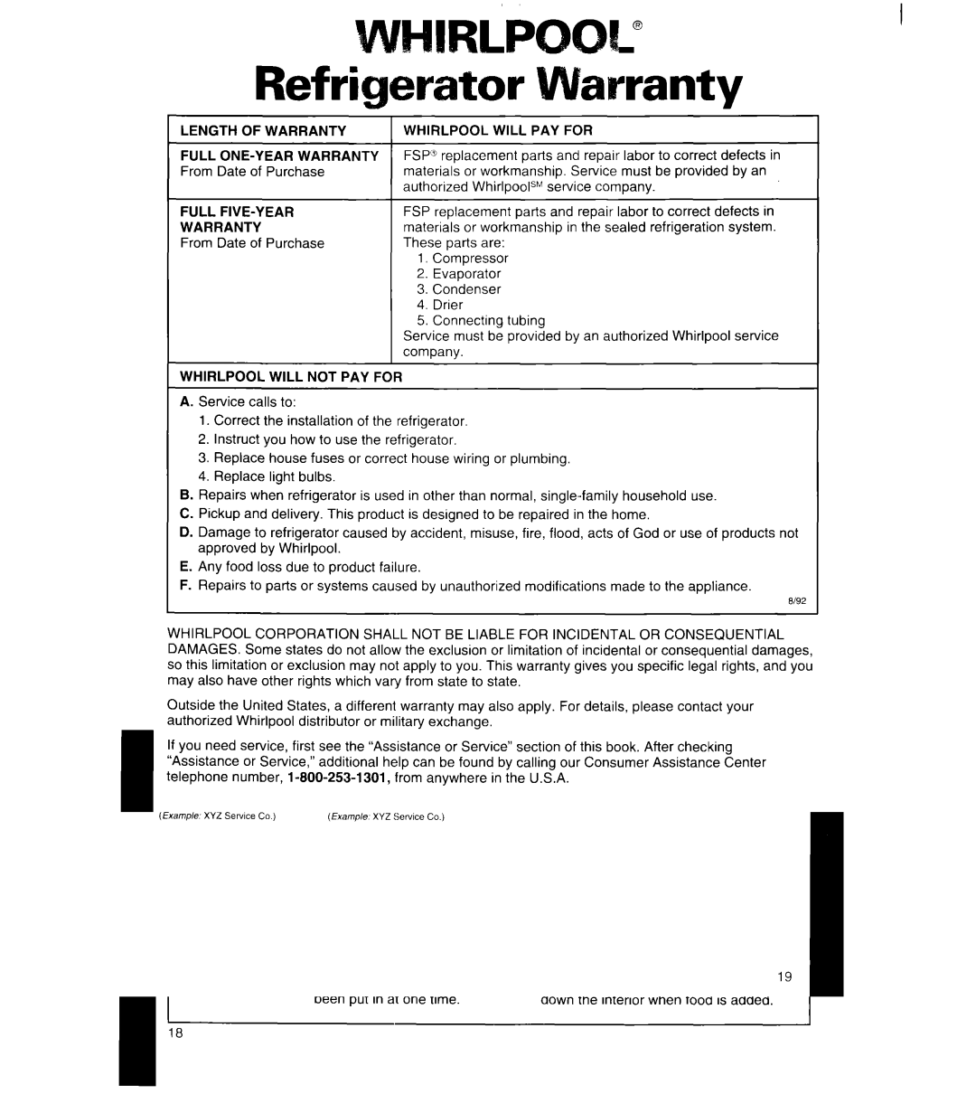 Whirlpool 8ET20NK manual Erator, Length of Warranty Whirlpool will PAY for, Full FIVE-YEAR FSP, Whirlpool will not PAY for 