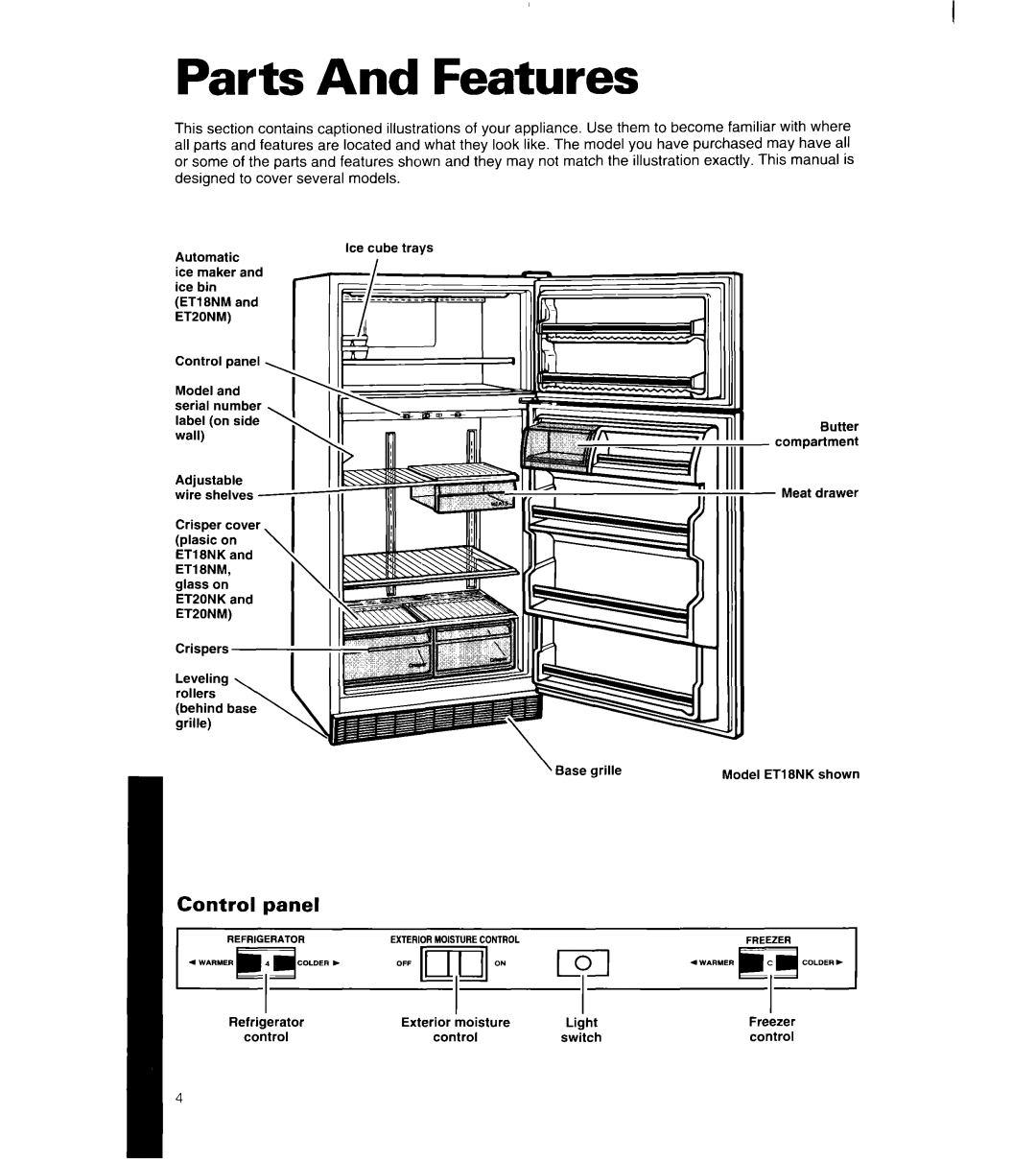 Whirlpool 8ET20NK, 8ET18NK manual Parts And Features, Control panel 