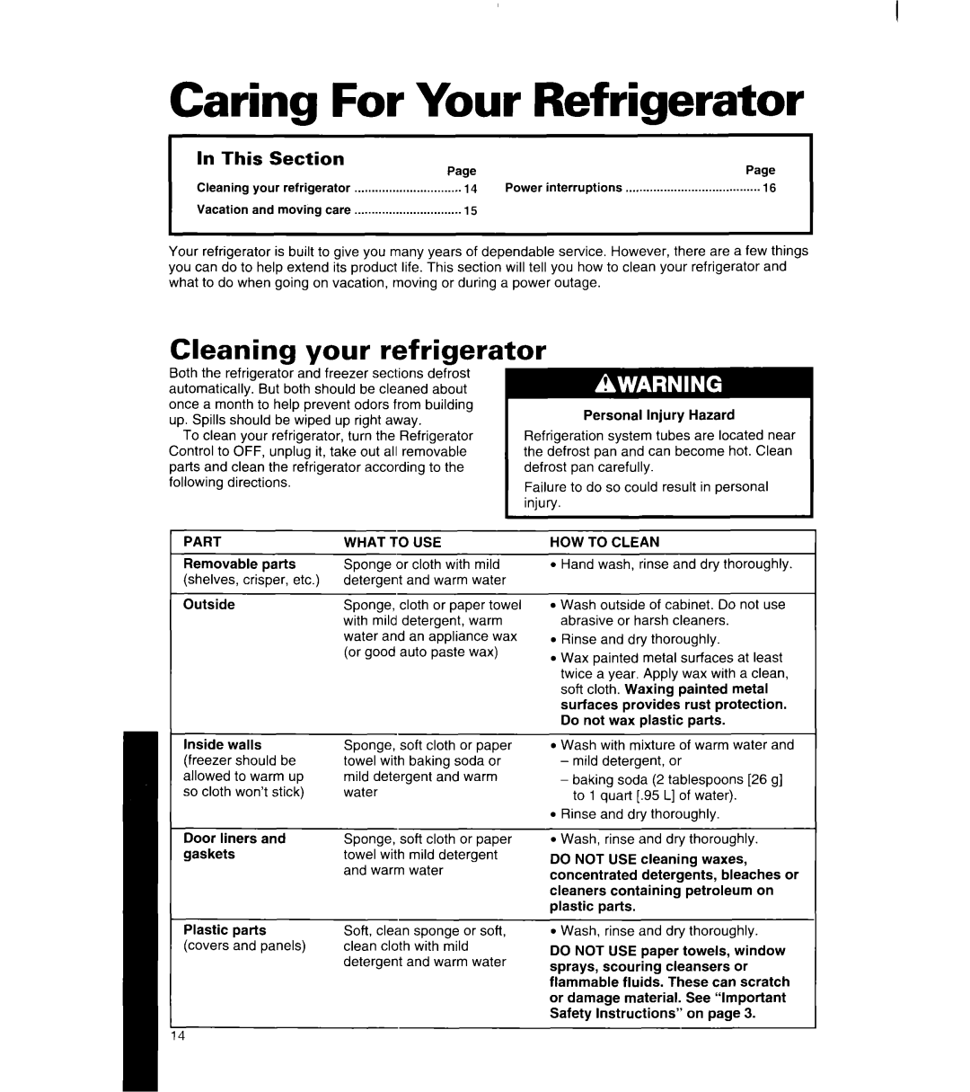 Whirlpool 8ET20NK, 8ET18NK manual Caring For Your Refrigerator, Cleaning your refrigerator 