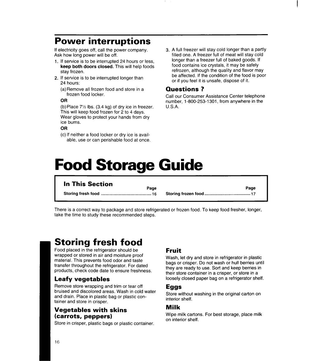 Whirlpool 8ET20NK, 8ET18NK manual Guide, Food, Power interruptions, 1Storing fresh food, Storage 