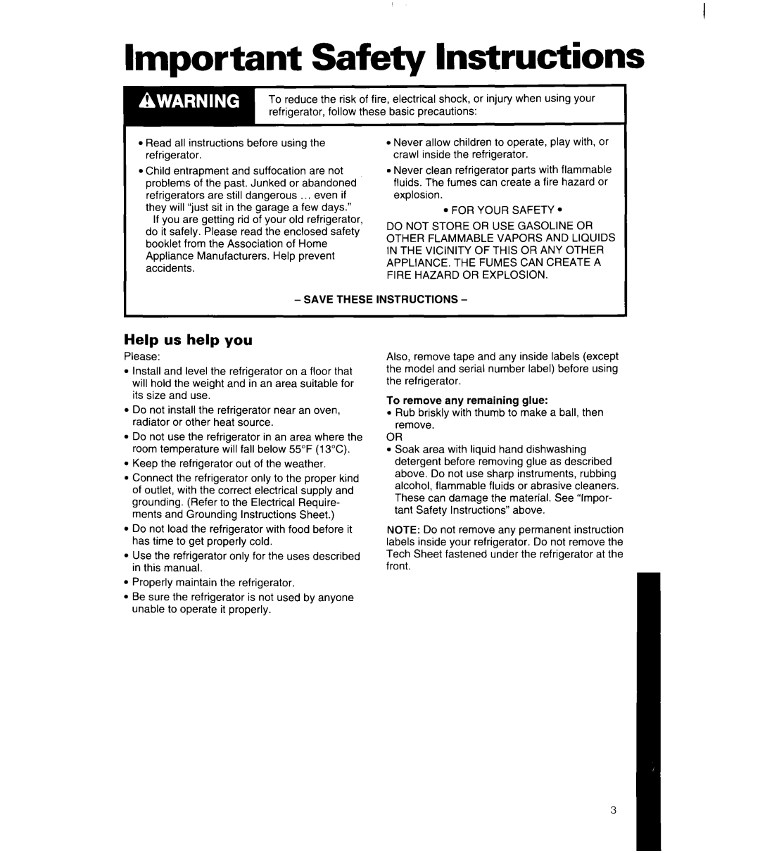 Whirlpool 8ET18NK, 8ET20NK manual Imt3ortant Safetv Instructions, Help us help you 