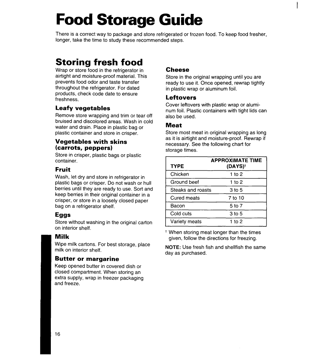 Whirlpool 3ET18ZK, 8ET20ZK, 8ET18ZK manual Food Storage Guide, Storing fresh food 