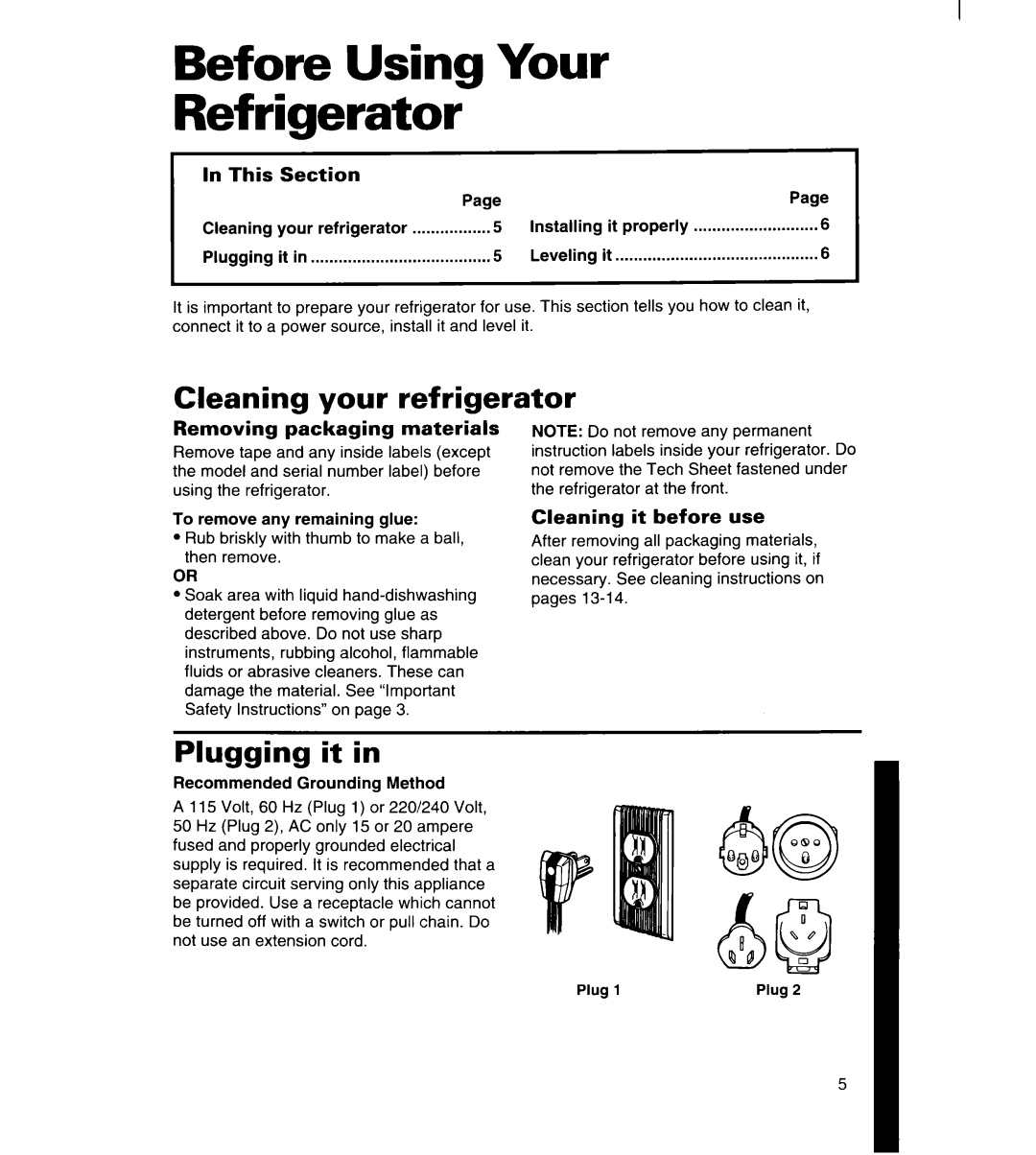 Whirlpool 8ET20ZK, 8ET18ZK Before Using Your Refrigerator, Cleaning your refrigerator, Plugging it in, In This Section 