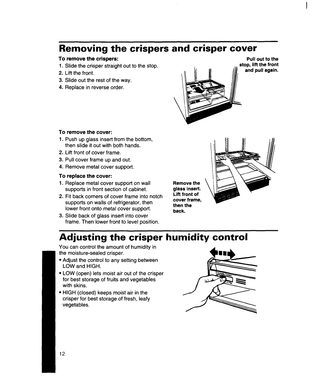 Whirlpool 8ET20DK, 8ET22DK, 8ET18DK manual Removing the crispers and crisper cover, Adjusting the crisper humidity control 