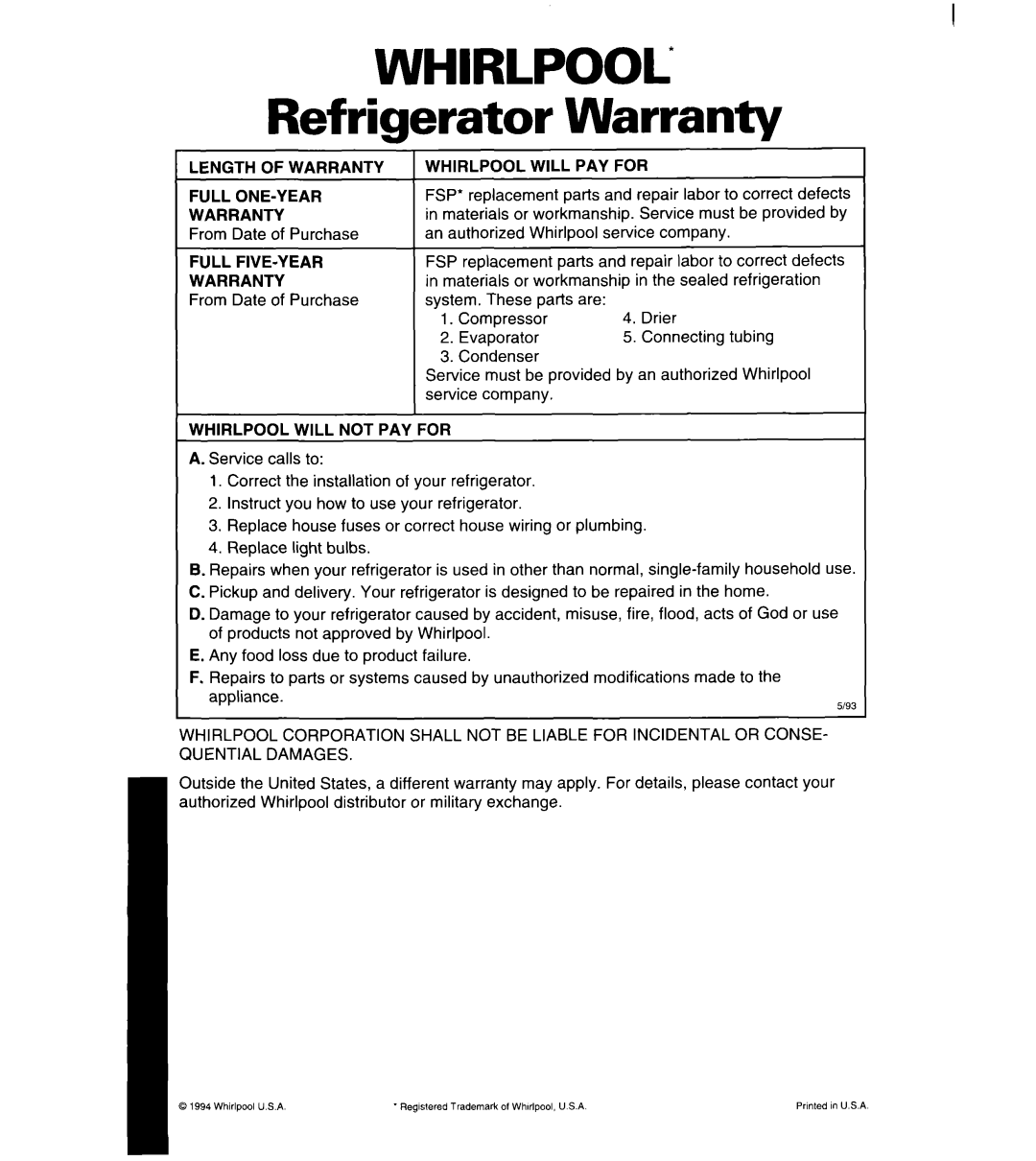 Whirlpool 8ET20DK, 8ET22DK Refrigerator Warranty, Length of Warranty, Full FIVE-Y EAR Warranty, Whirlpool will PAY for 