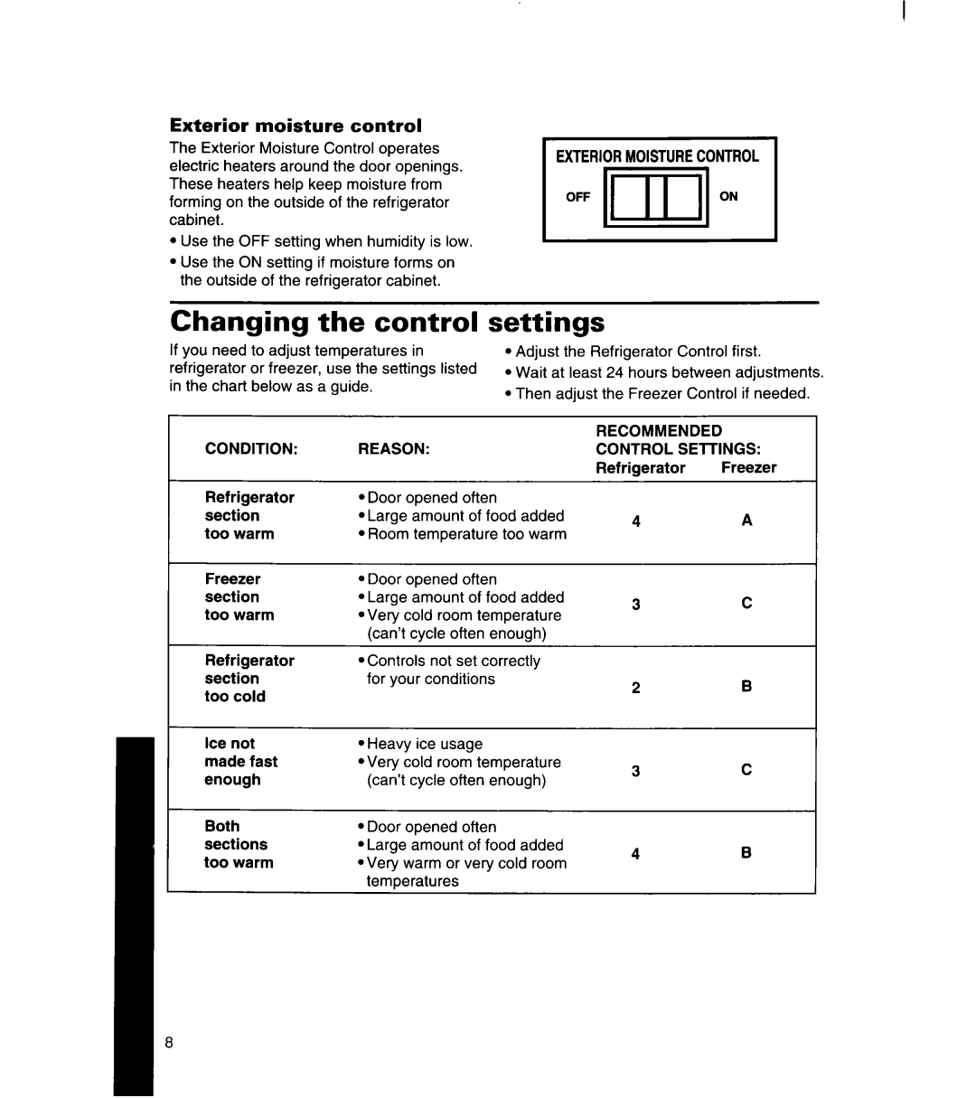 Whirlpool 8ET22DK manual Changing the control, Settings, Exterior moisture control, Recommended, Condition Reason Control 