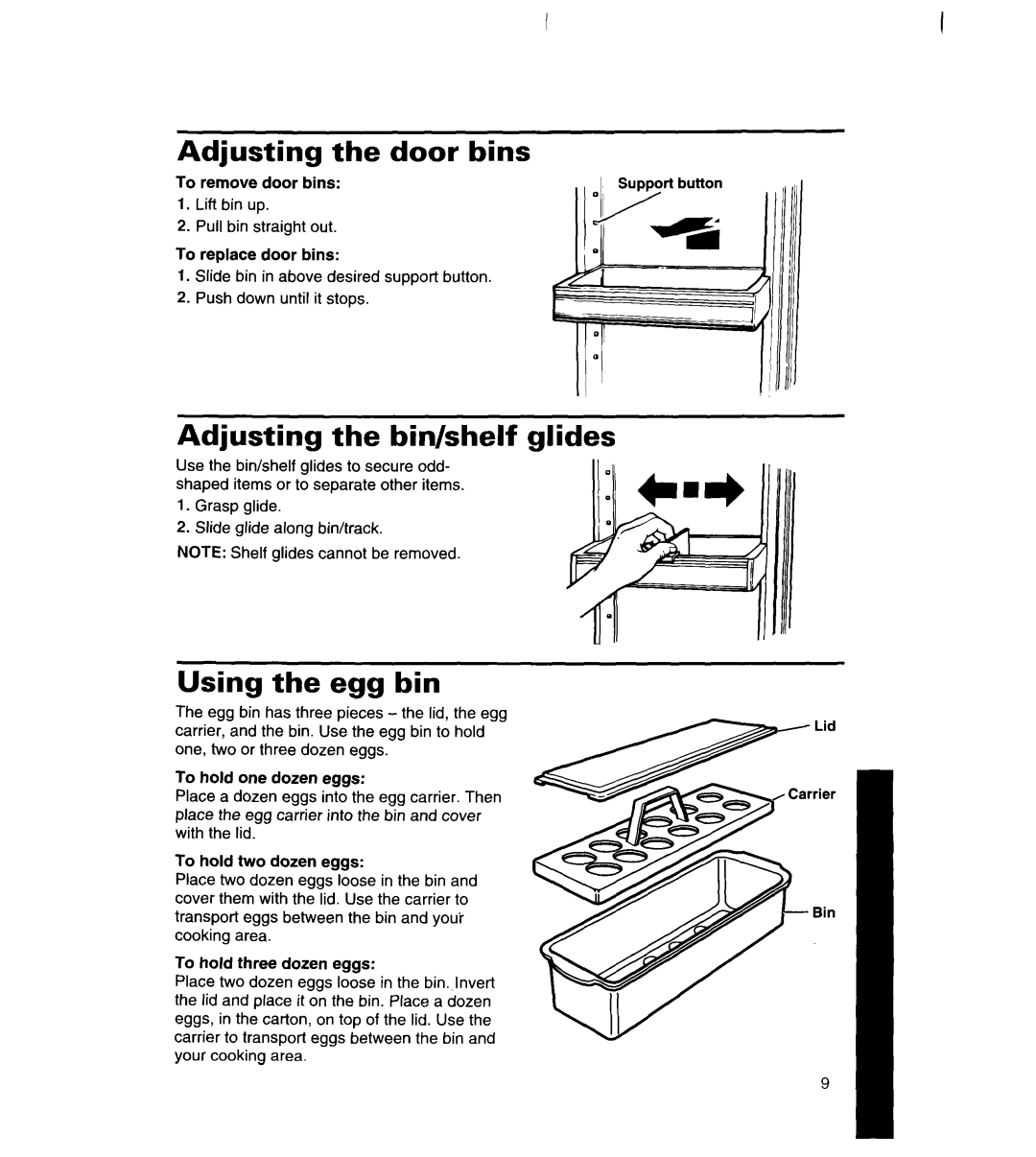 Whirlpool 8ET20DK, 8ET22DK, 8ET18DK manual Adjusting the door bins, Adjusting the bin/shelf glides, Using the egg bin 