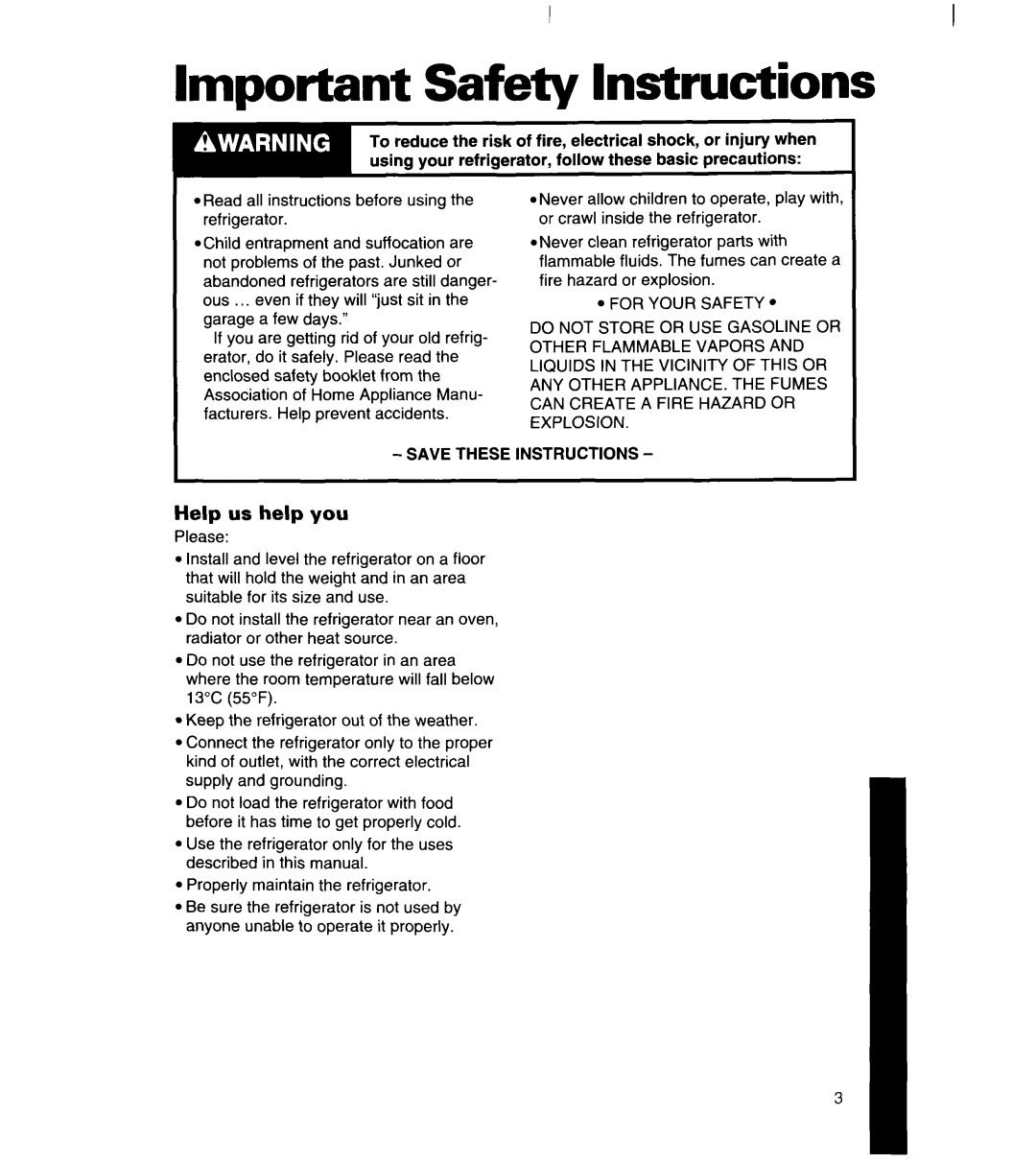 Whirlpool 8ET20DK, 8ET22DK, 8ET18DK manual Important Safety Instructions, Help us help you 