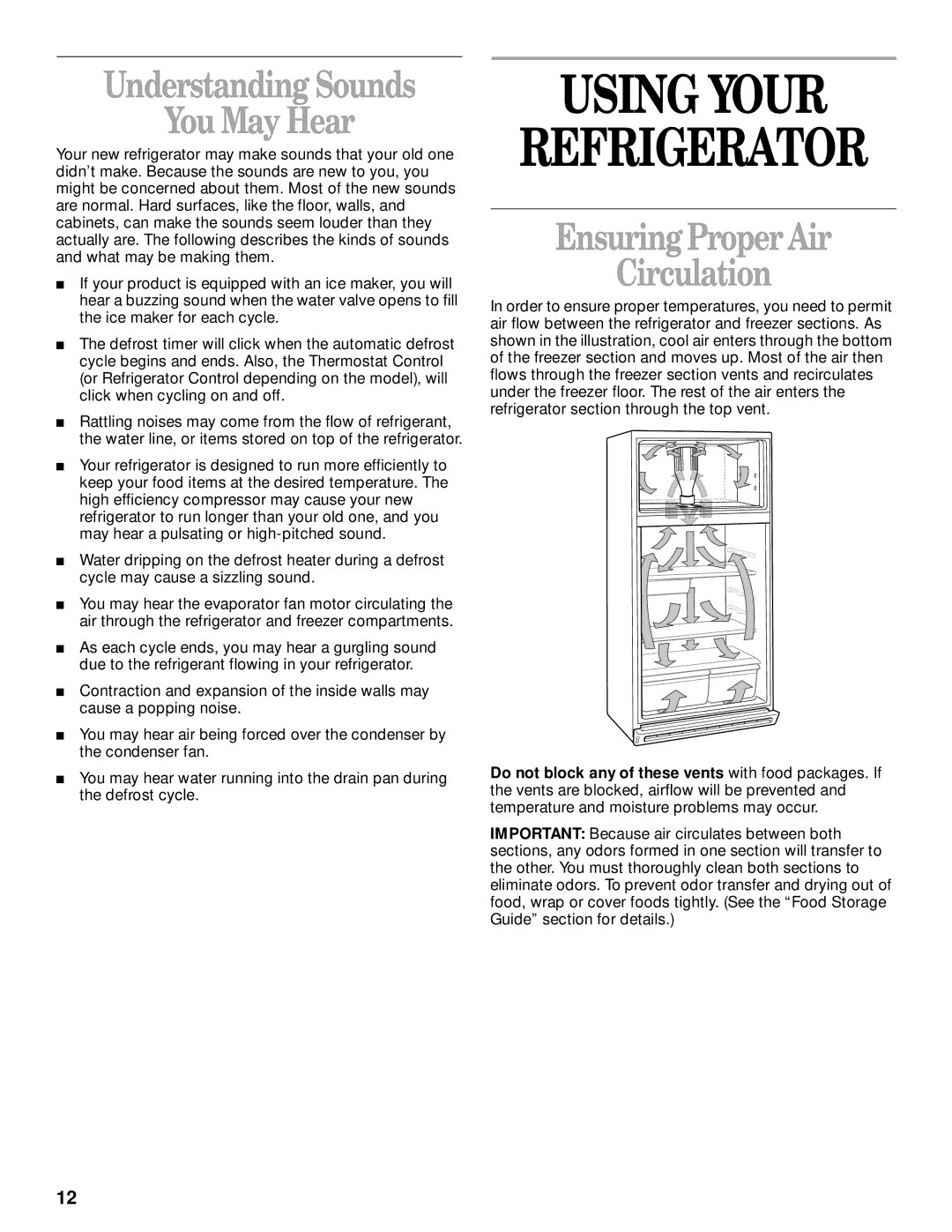 Whirlpool 8ET8MTKXKT00 manual Using Your Refrigerator, Understanding Sounds You May Hear, EnsuringProper Air Circulation 