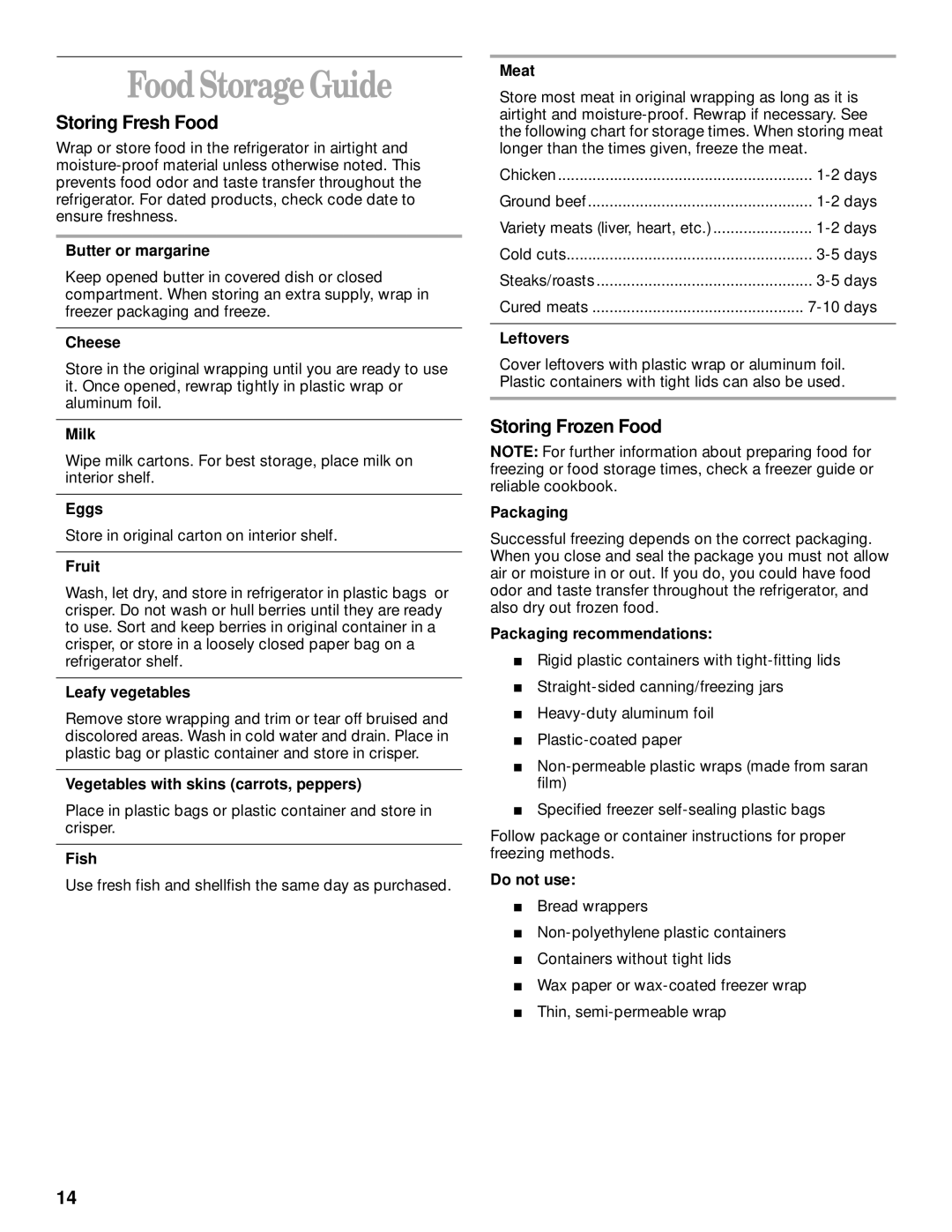 Whirlpool 8ET8MTKXKT00 manual Food StorageGuide, Storing Fresh Food, Storing Frozen Food 