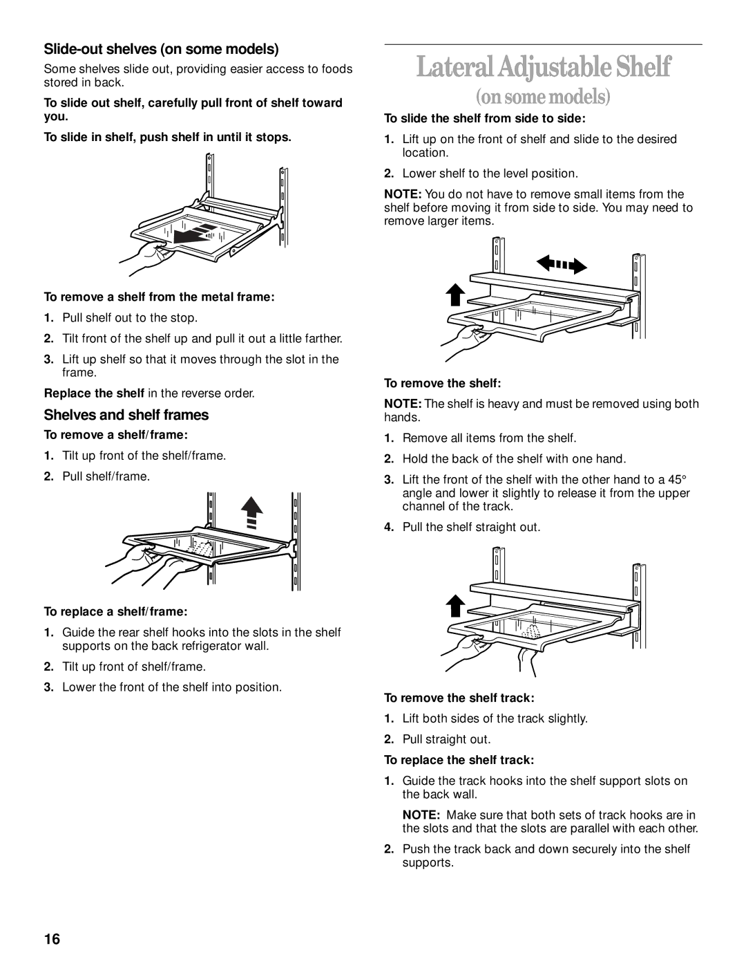 Whirlpool 8ET8MTKXKT00 manual Lateral Adjustable Shelf, Slide-out shelves on some models, Shelves and shelf frames 