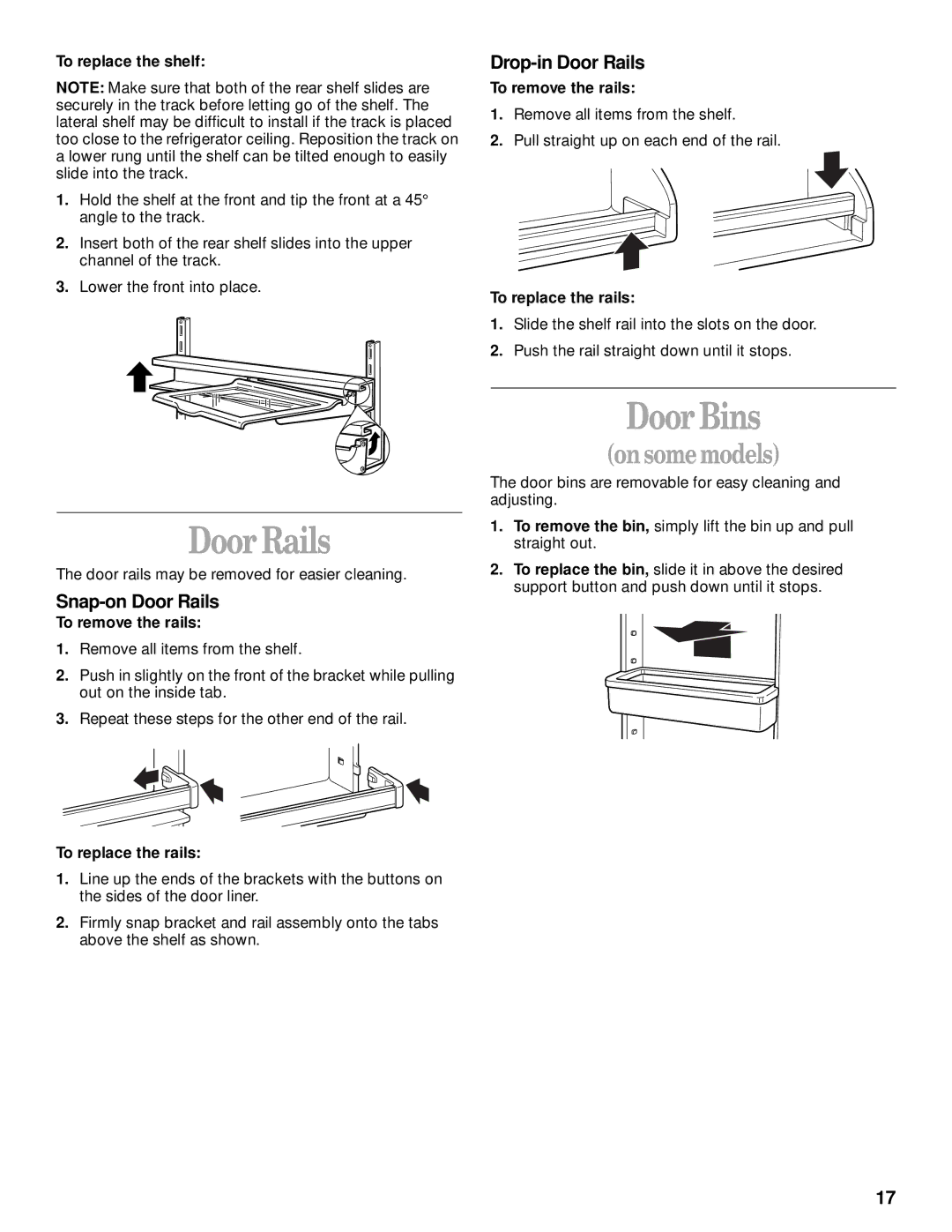 Whirlpool 8ET8MTKXKT00 manual DoorBins, Snap-on Door Rails, Drop-in Door Rails 