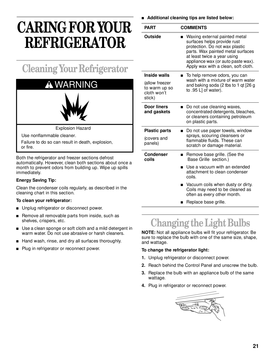 Whirlpool 8ET8MTKXKT00 manual Changing the LightBulbs, Energy Saving Tip, To clean your refrigerator 