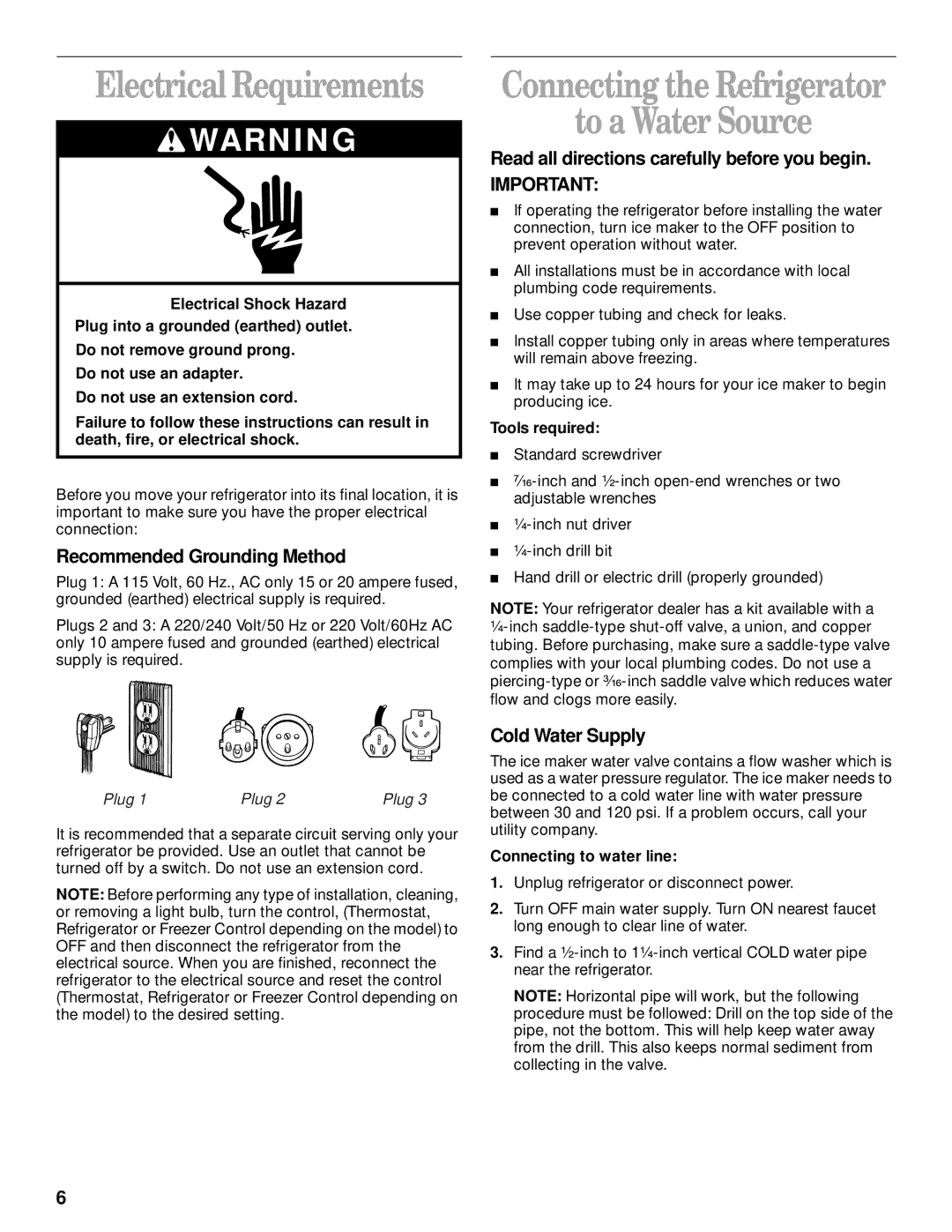 Whirlpool 8ET8MTKXKT00 manual Electrical Requirements, To a Water Source, Recommended Grounding Method, Cold Water Supply 