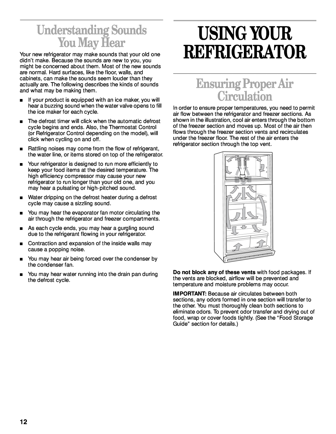 Whirlpool 8ET8MTKXKT00 manual Using Your Refrigerator, Understanding Sounds You May Hear, EnsuringProper Air Circulation 