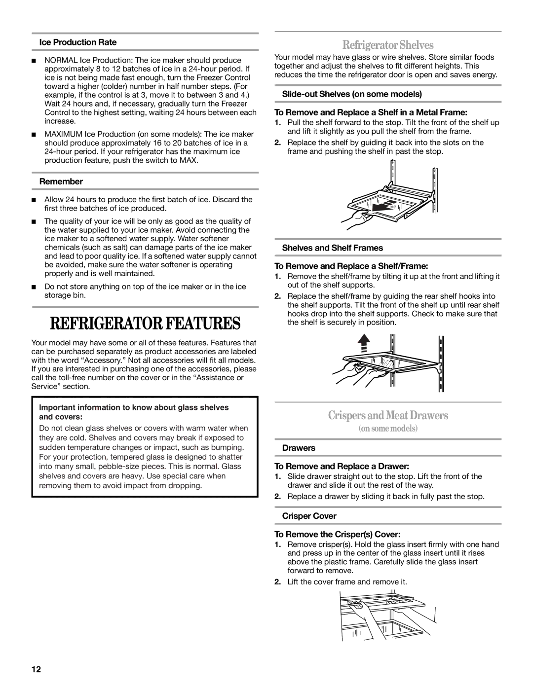 Whirlpool 8ET8MTKXKT04 manual RefrigeratorShelves, Crispers andMeatDrawers 