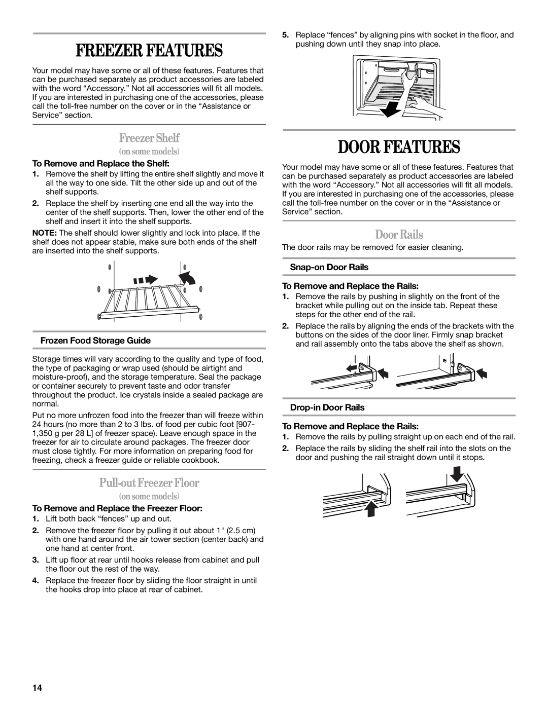 Whirlpool 8ET8MTKXKT04 manual Freezer Features, Door Features, FreezerShelf, Pull-outFreezerFloor, Door Rails 