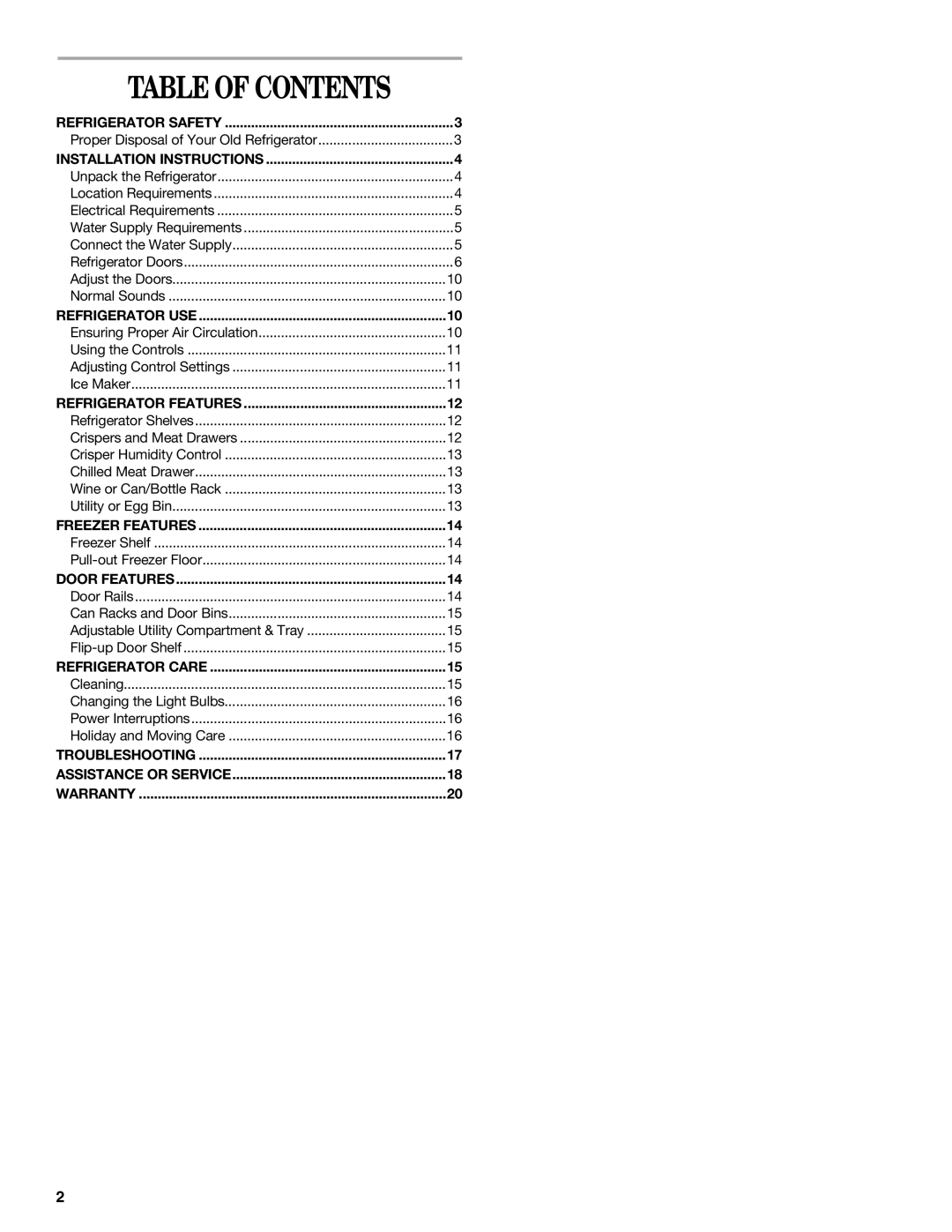 Whirlpool 8ET8MTKXKT04 manual Table of Contents 