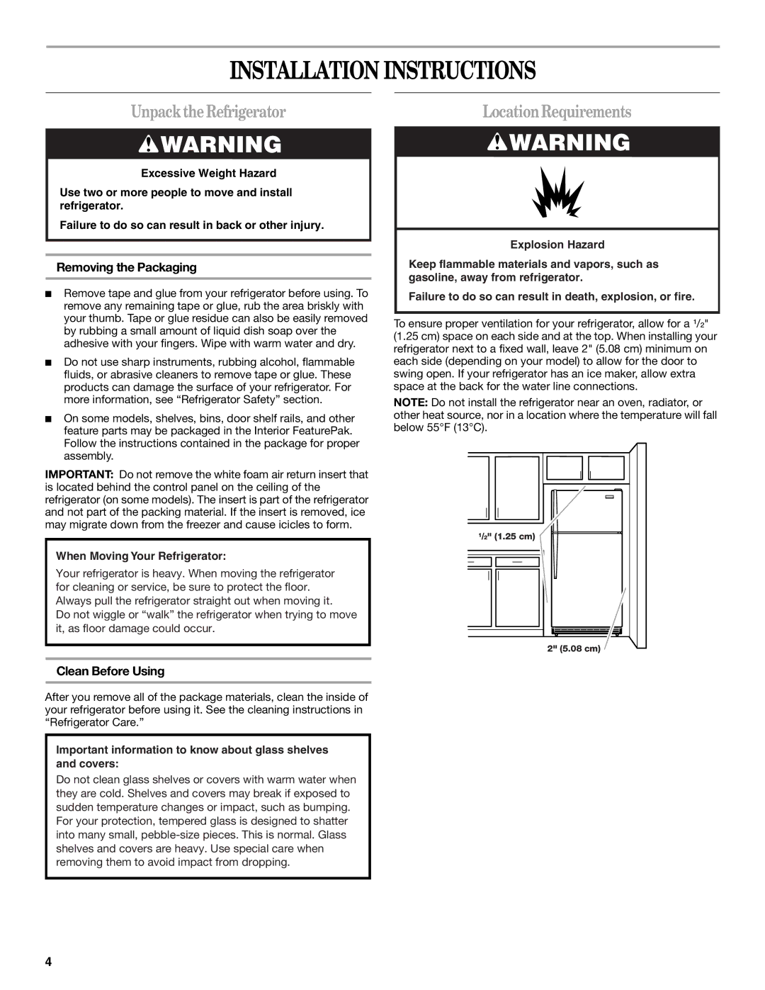 Whirlpool 8ET8MTKXKT04 Installation Instructions, UnpacktheRefrigerator, LocationRequirements, Removing the Packaging 