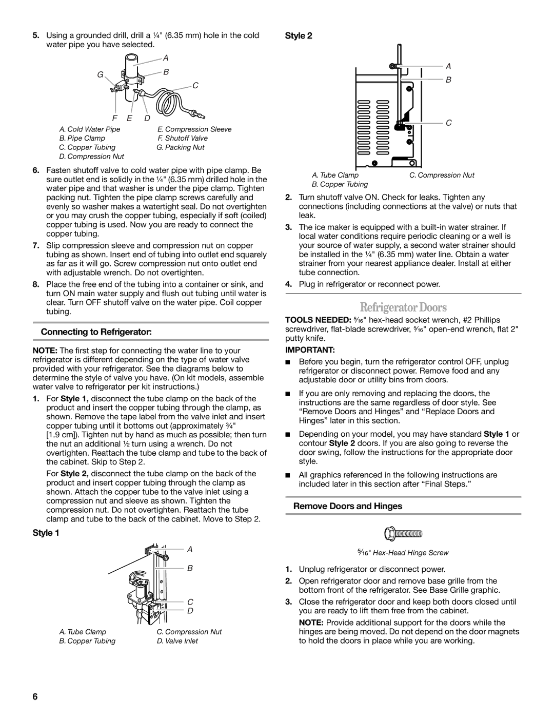 Whirlpool 8ET8MTKXKT04 manual RefrigeratorDoors, Connecting to Refrigerator, Style, Remove Doors and Hinges 