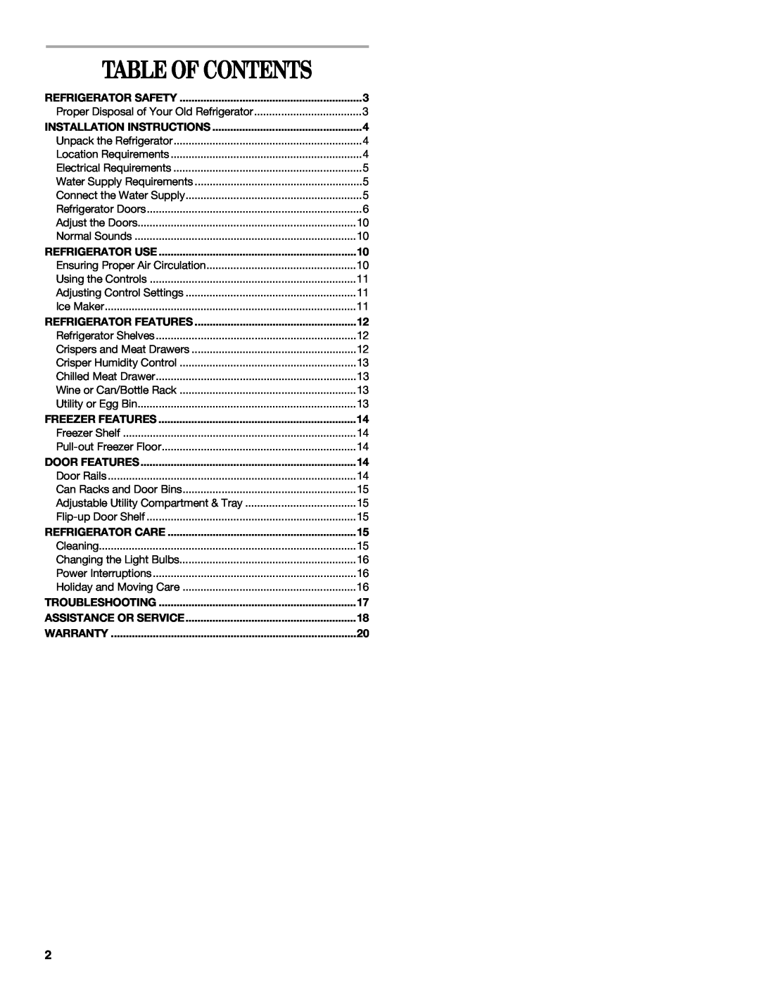 Whirlpool 8ET8MTKXKT04 manual Table Of Contents 