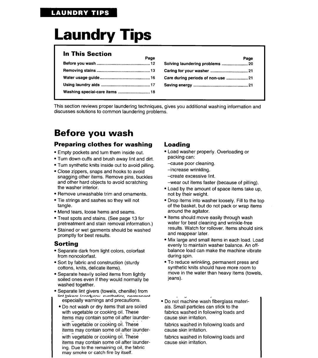 Whirlpool 8LSC6244BG0 manual Laundry Tips, Before you wash 