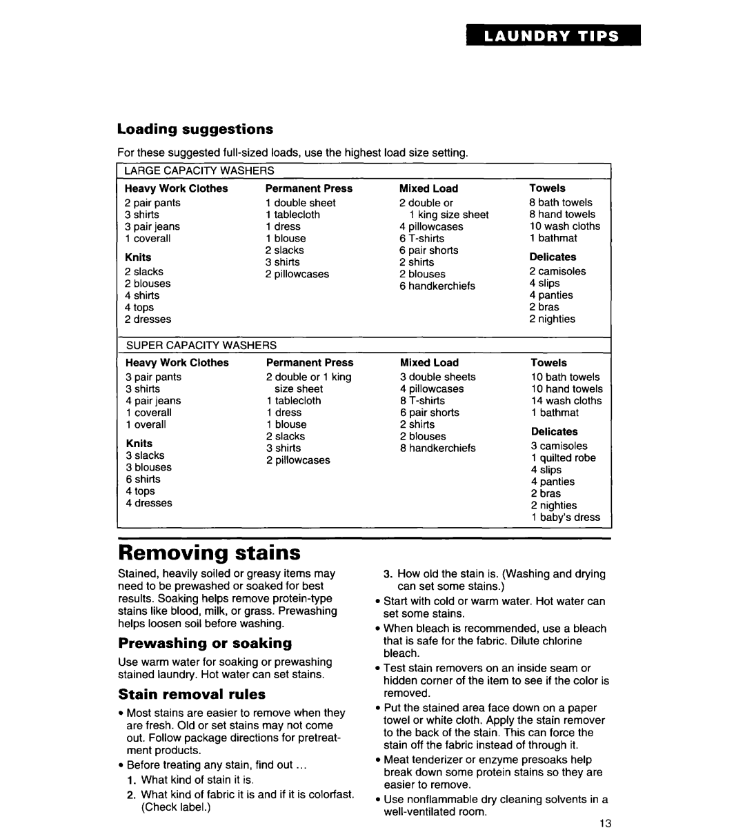 Whirlpool 8LSC6244BG0 manual Removing stains, Loading suggestions, Prewashing or soaking, Stain removal rules 