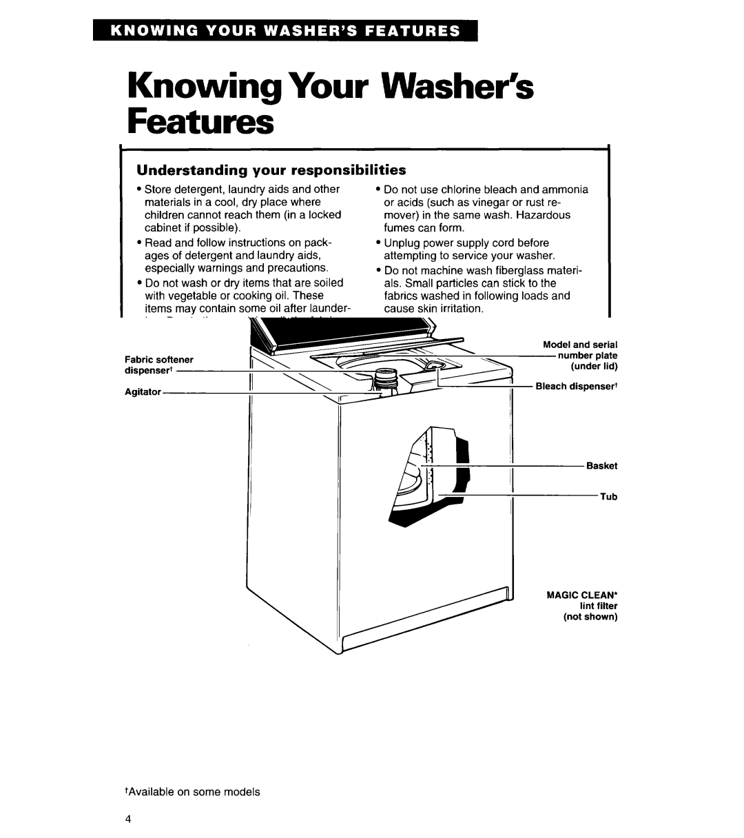 Whirlpool 8LSC6244BG0 manual Knowing Your Washer’s Features, +Available on some models 