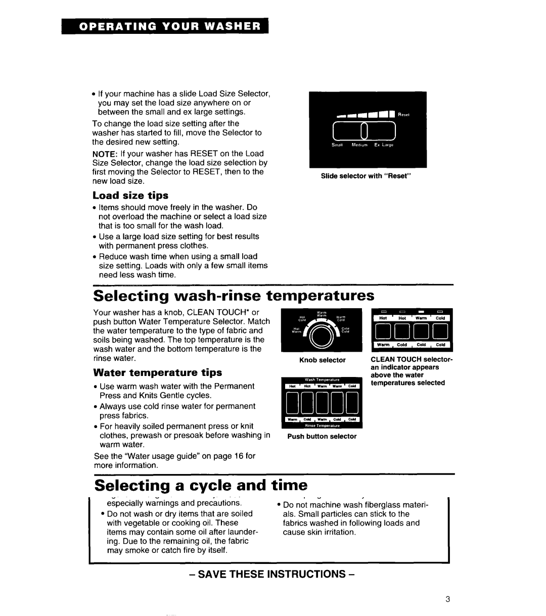 Whirlpool 8LSC6244BG0 manual Selecting wash-rinse temp, Load size tips, Water temperature tips, Rinse water 