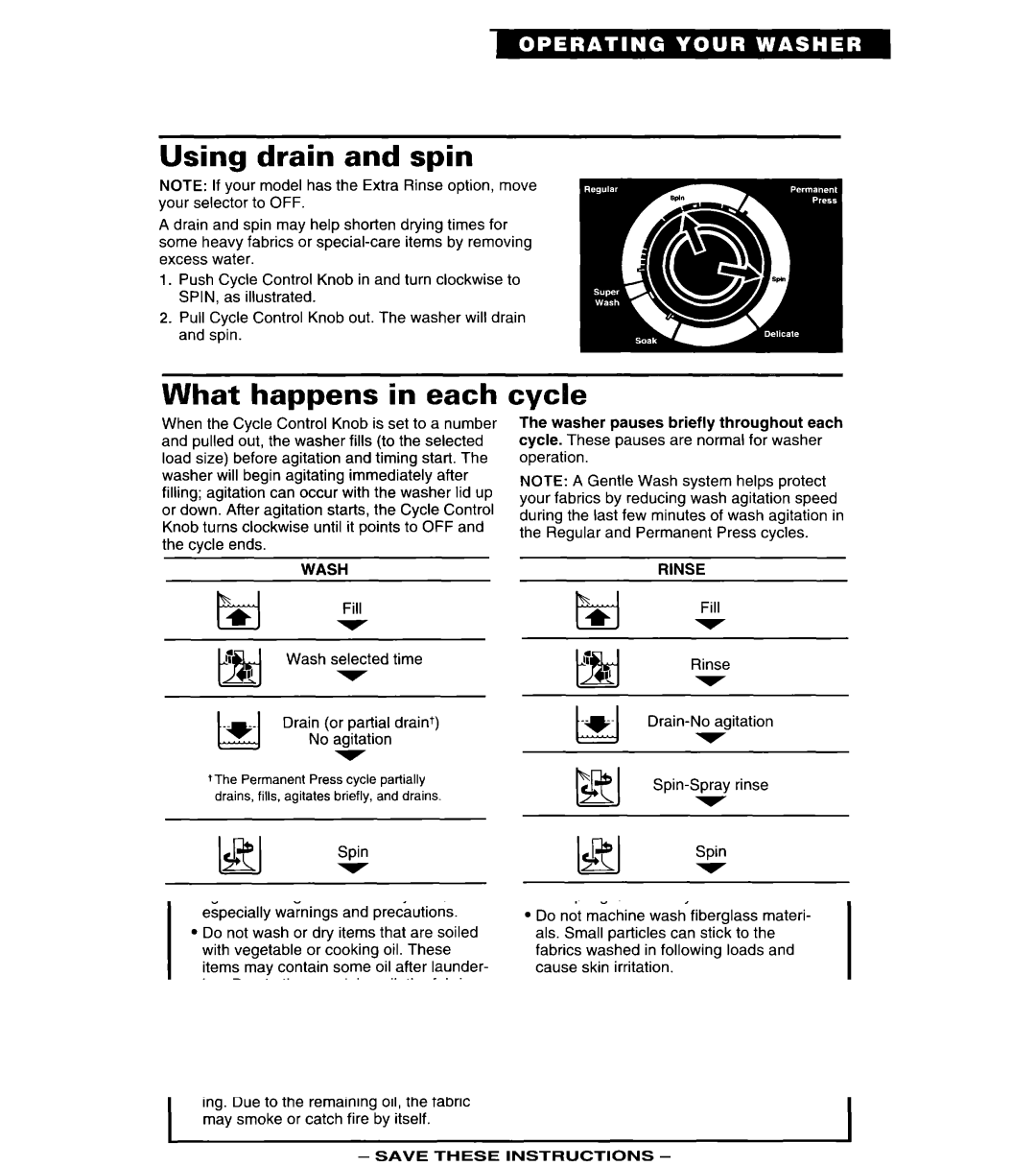 Whirlpool 8LSC6244BG0 manual LJ4t Spin, What happens in each cycle, Wash selected time Drain or partial drain+ No agitation 