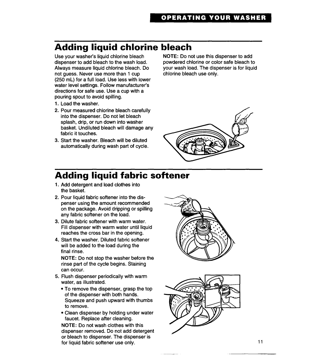 Whirlpool 8LSR5233EZ0 warranty Adding liquid chlorine, Bleach Adding liquid fabric softener 