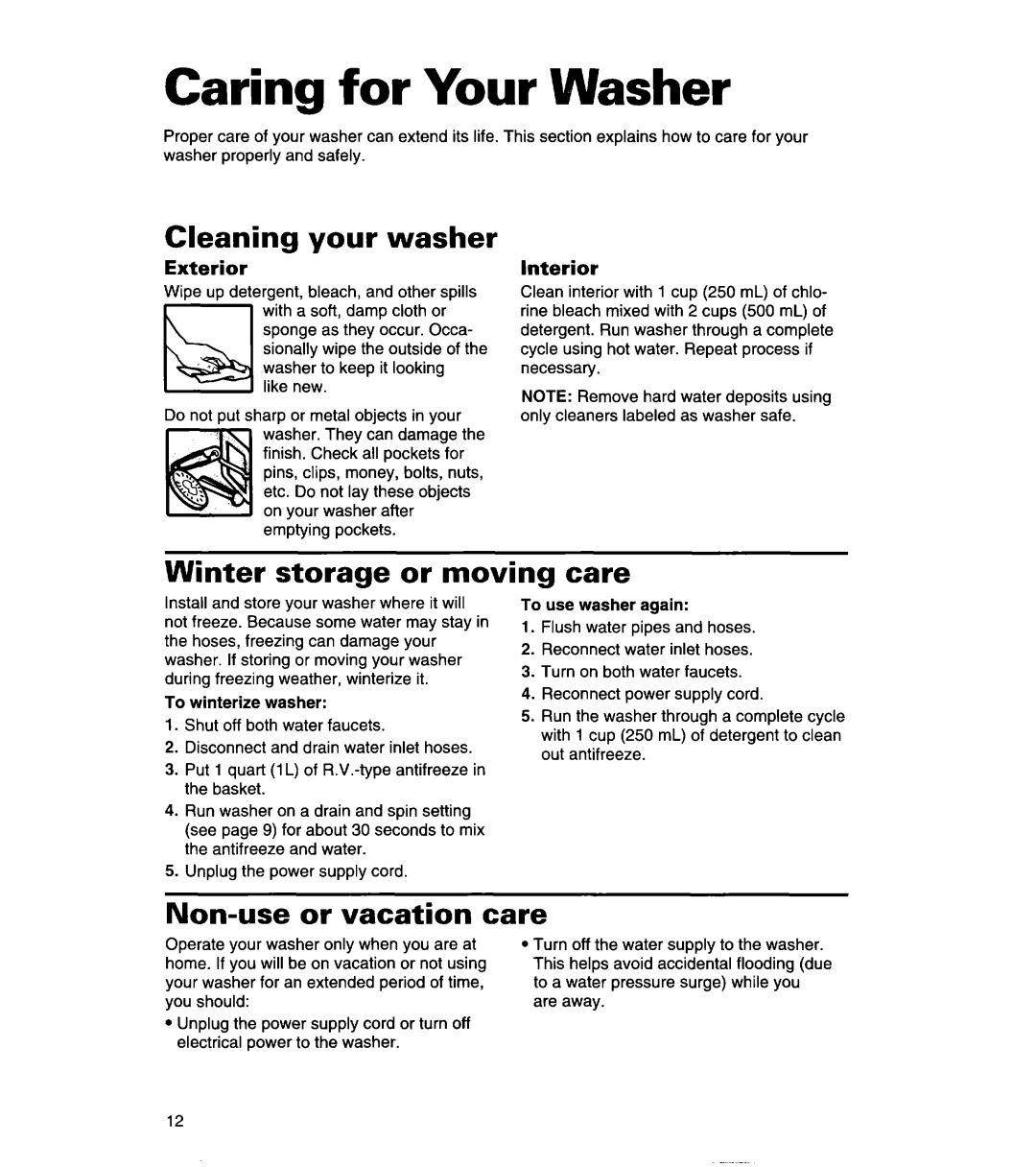 Whirlpool 8LSR5233EZ0 Caring for Your Washer, Cleaning your washer, Winter storage or moving care, ExteriorInterior 