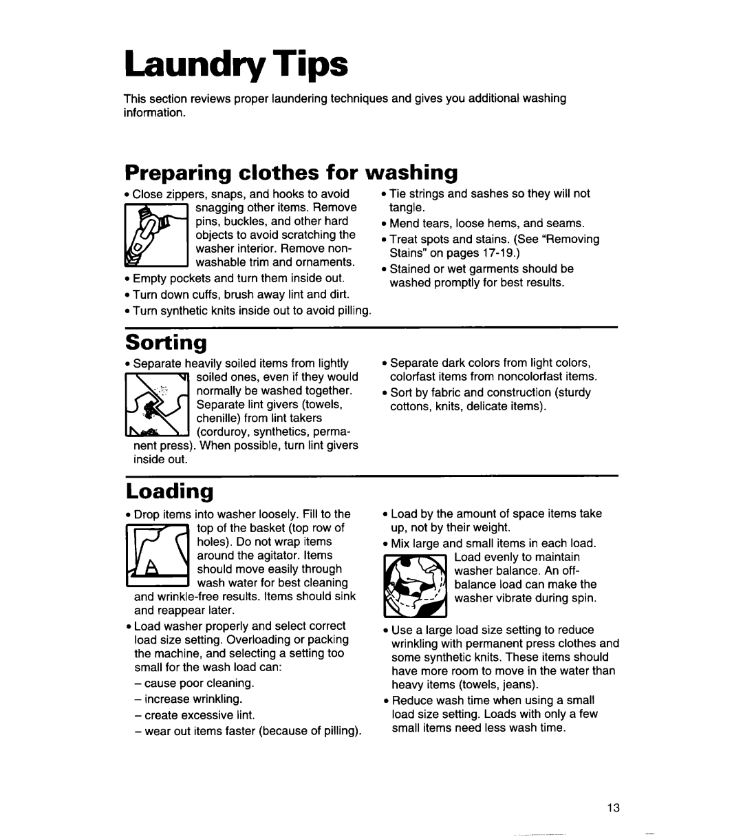 Whirlpool 8LSR5233EZ0 warranty Laundry Tips, Preparing clothes for, Washing, Sorting, Loading 